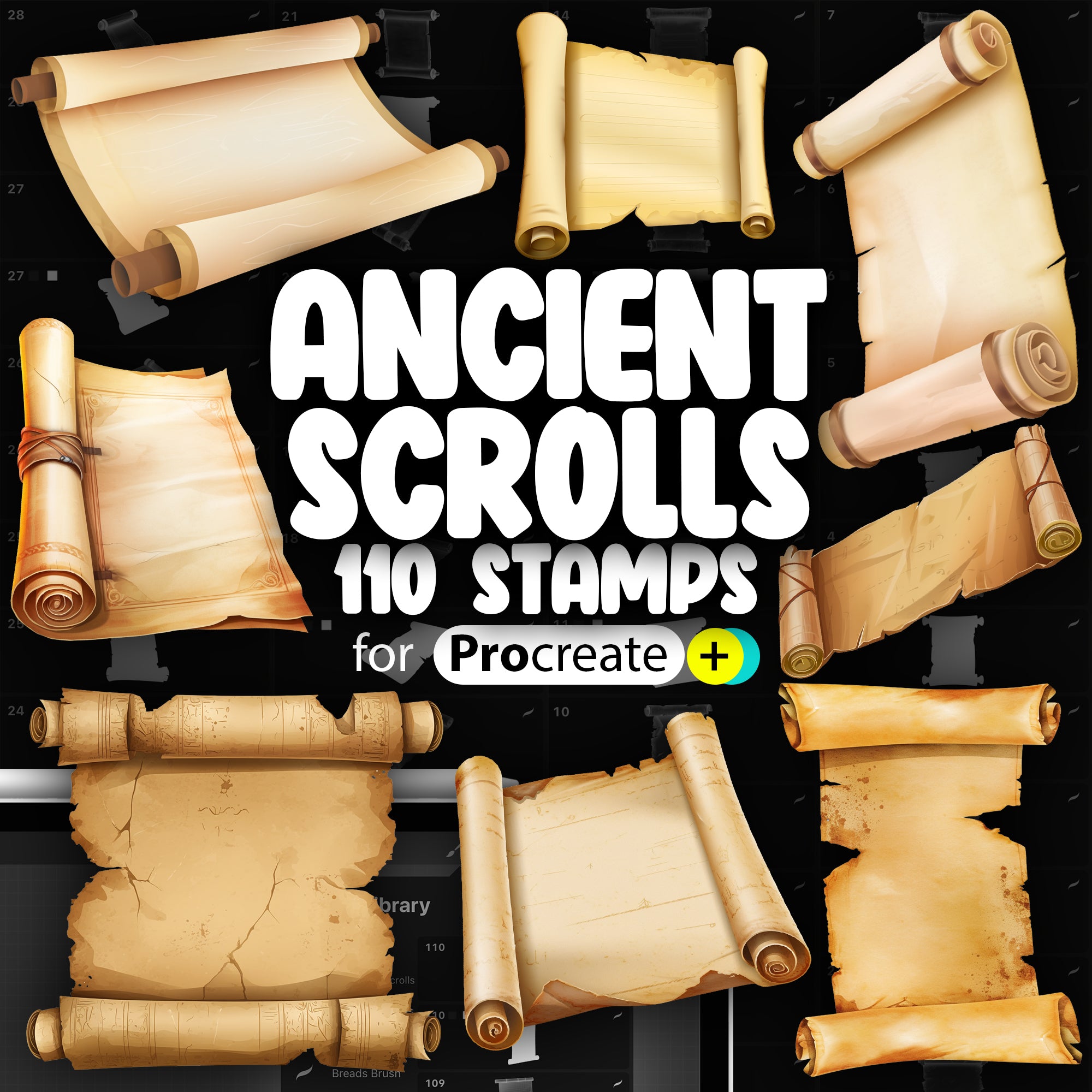 110 Procreate Ancient Scrolls Stamp Brushes | Procreate Vintage Tattered Scrolls Stamp | Procreate Parchment Stamp | Procreate Papyrus