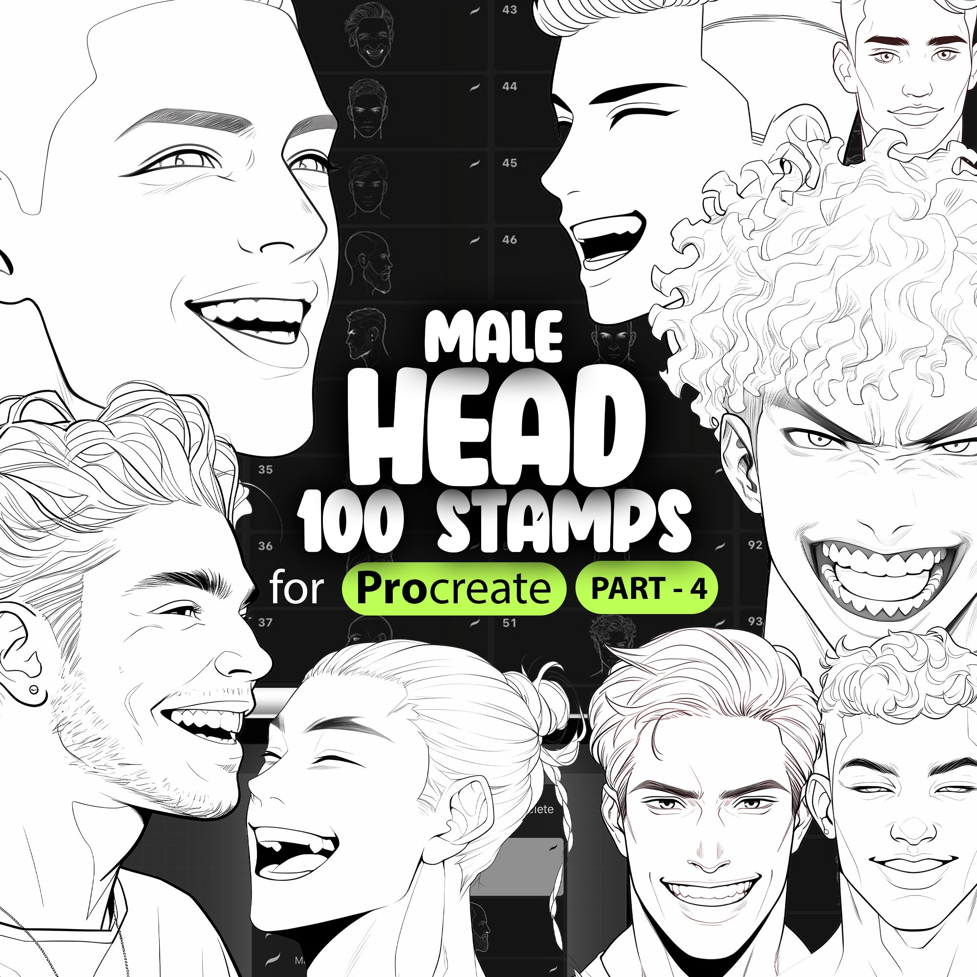100 Procreate Male Head Stamps Part -4 Brushes