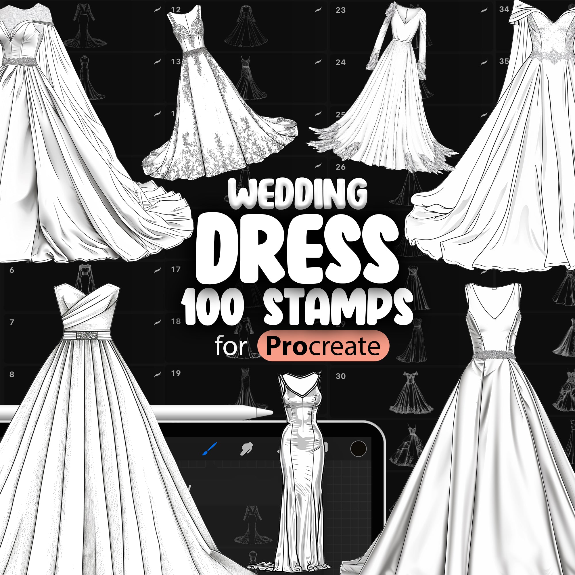 100 Procreate Wedding Dress Stamp Brushes, Procreate Bride Stamp Brushes, Procreate Gown Stamp Brushes, Procreate Evening Вress Stamps
