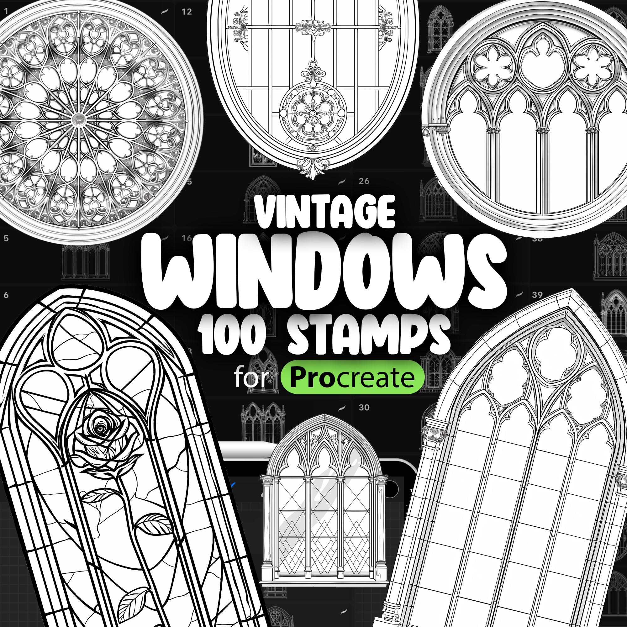 100 Procreate Vintage Windows Stamps Brushes