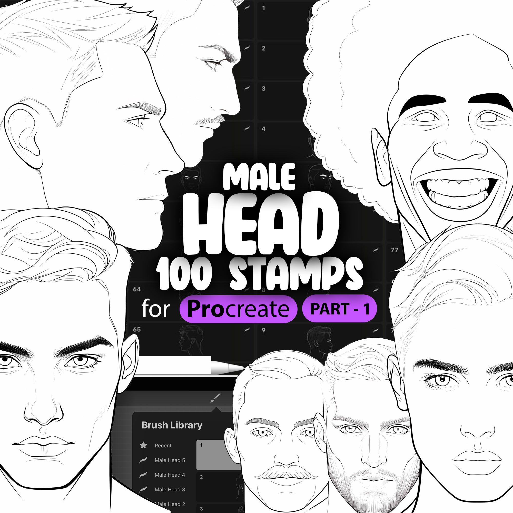 100 Procreate Male Head Stamps Part -1 Brushes