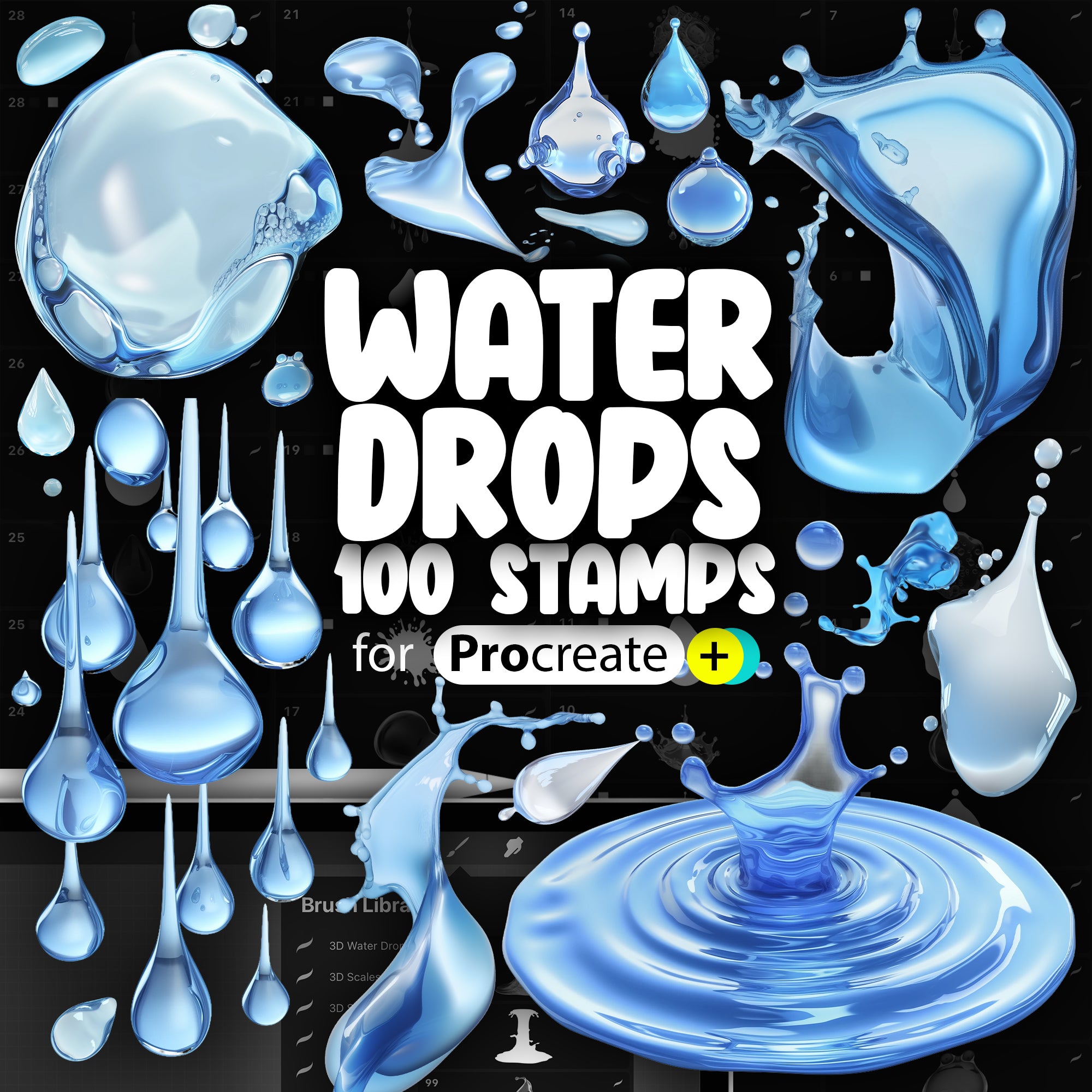 100 Procreate 2D Water Drops Stamps Brushes
