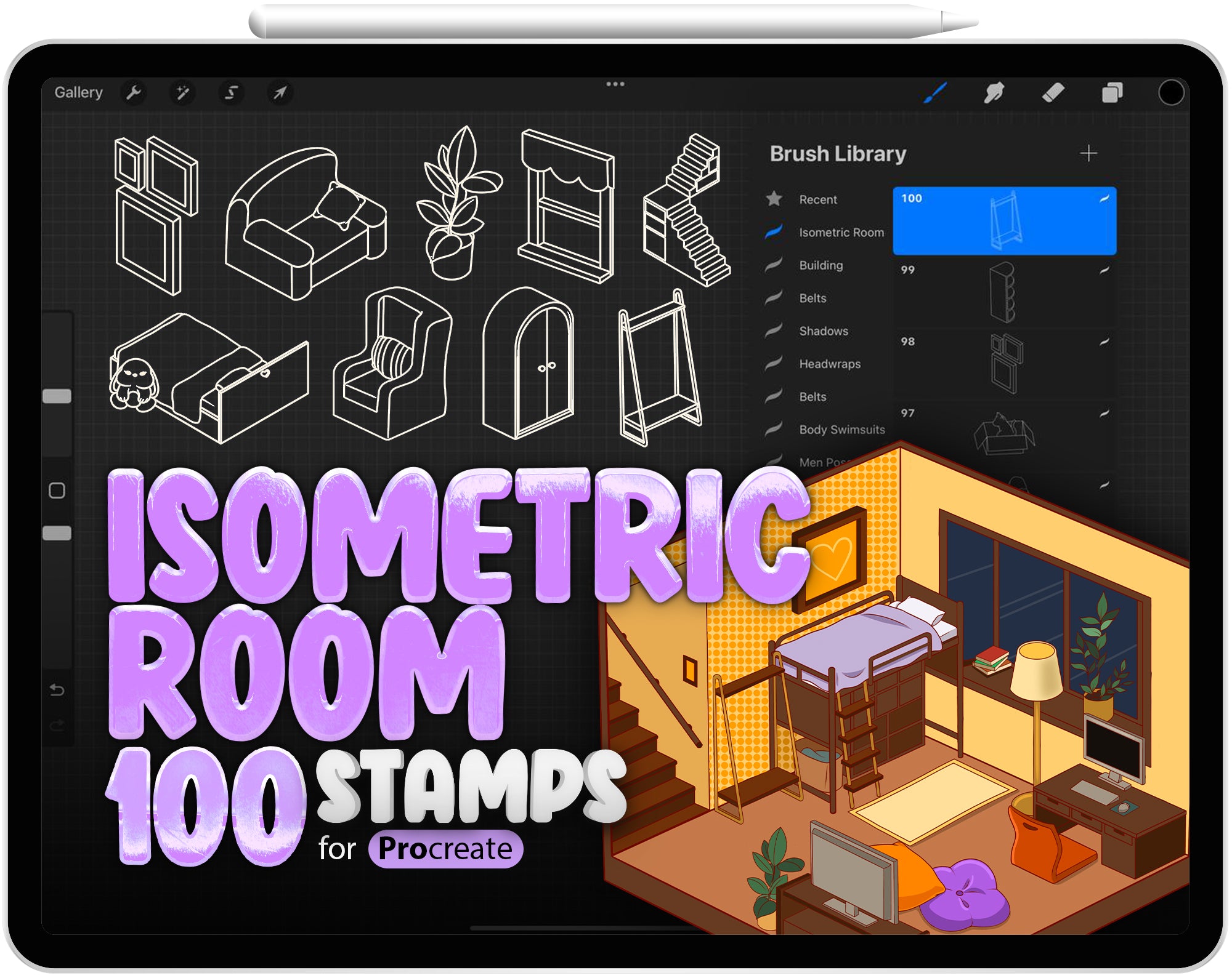 100 Isometric Room Brush for Procreate