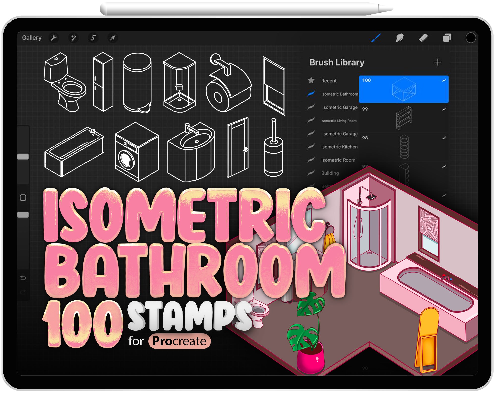 100 Bathroom Isometric Brush for Procreate