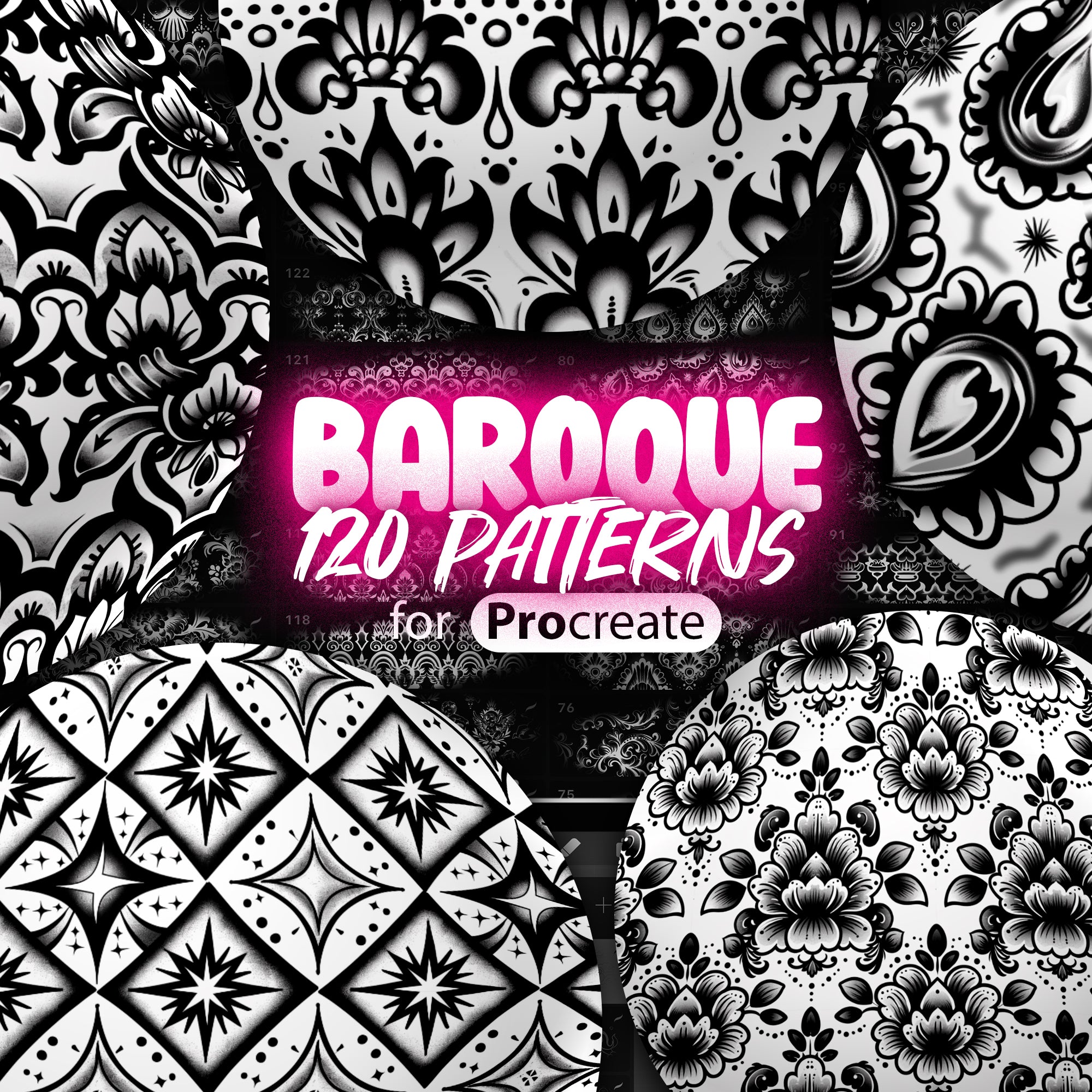 120 Procreate Baroque Pattern Brushes | Baroque Brush for Procreate | Baroque Tattoo Seamless Brushes | Floral Baroque Procreate Texture