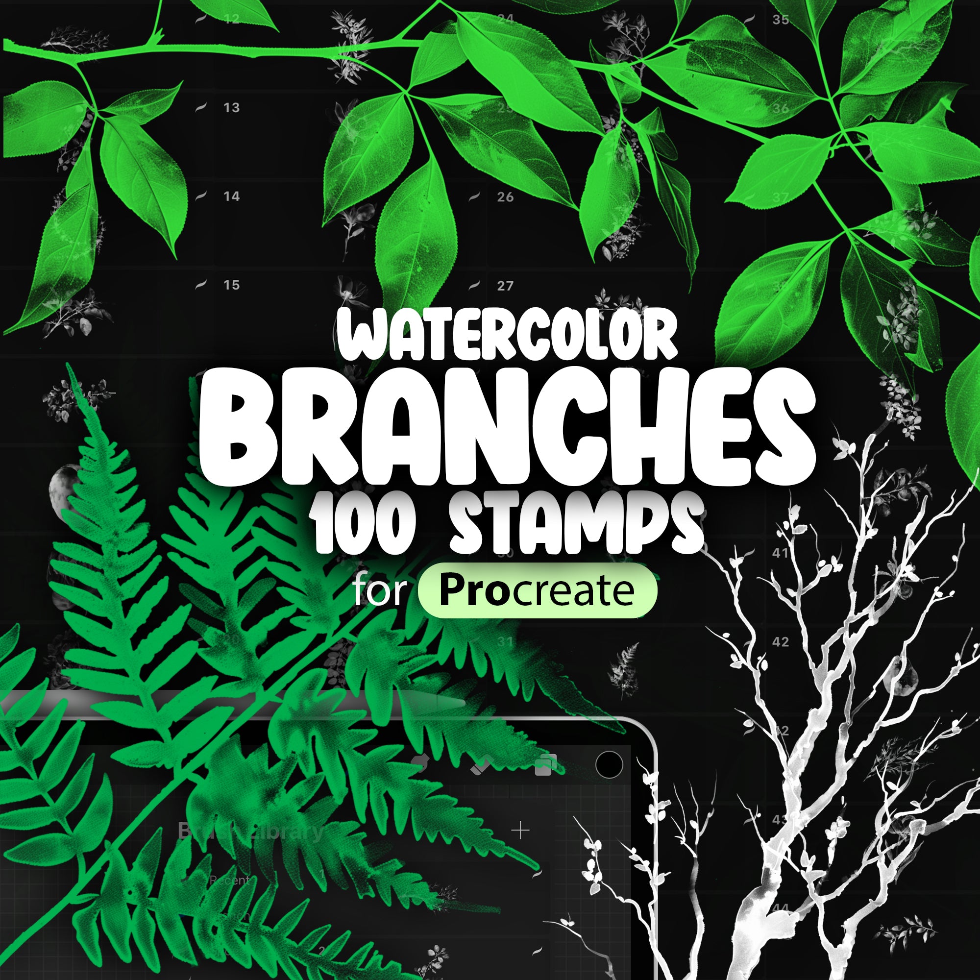 100 Procreate Watercolor Tree Branch Stamp Brushes