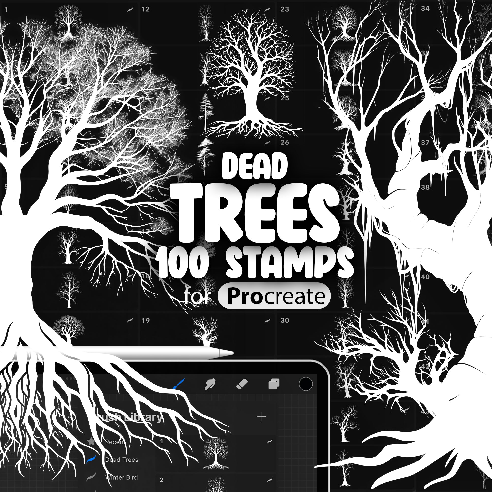100 Procreate Dead Tree Stamps Brushes