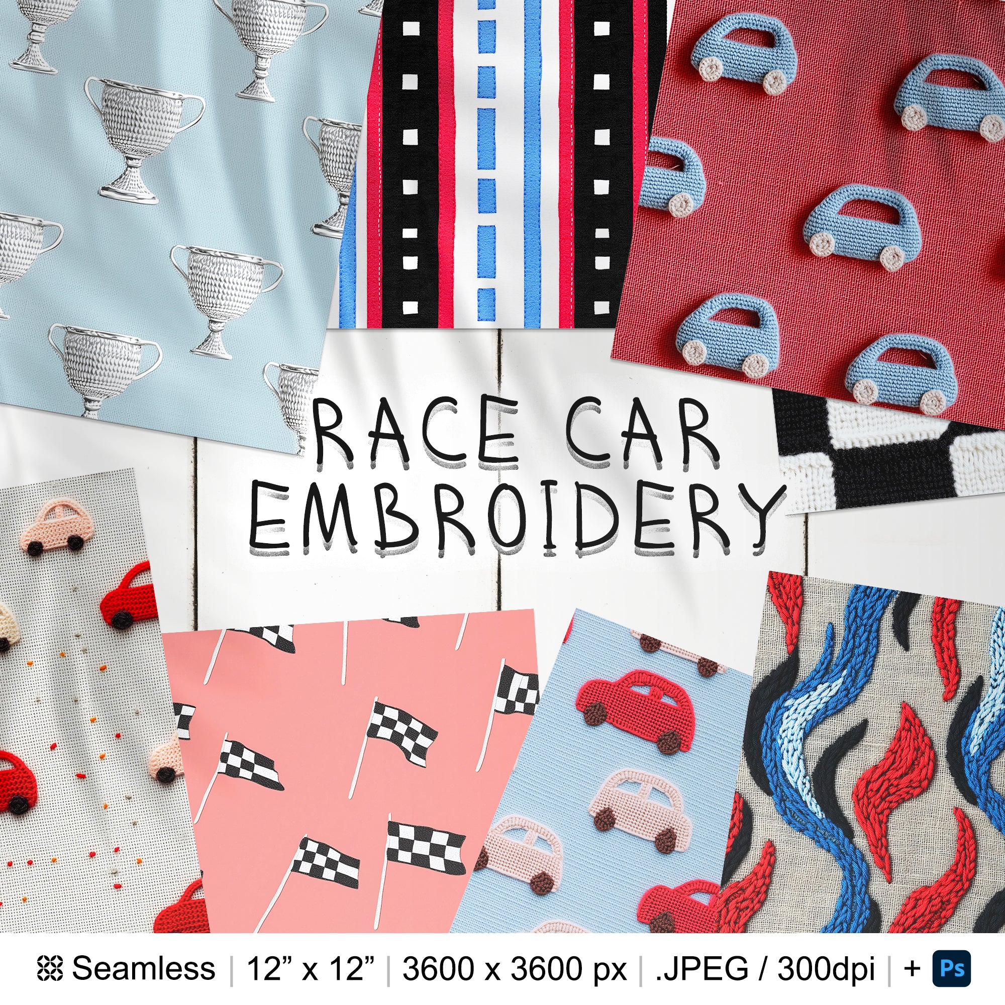 25 Race Car Embroidery Seamless Pattern