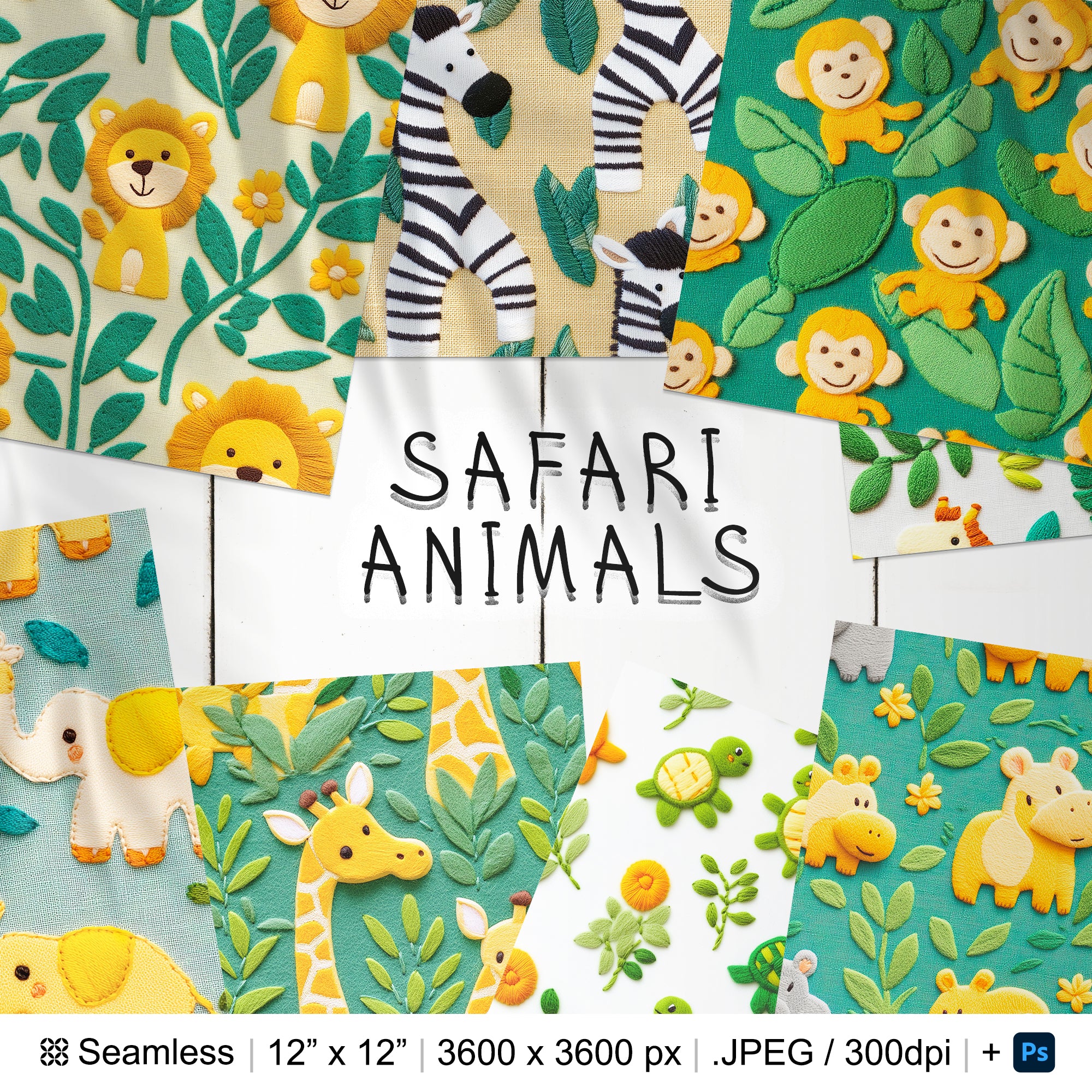 25 Safari Animals Embroidery Seamless Pattern