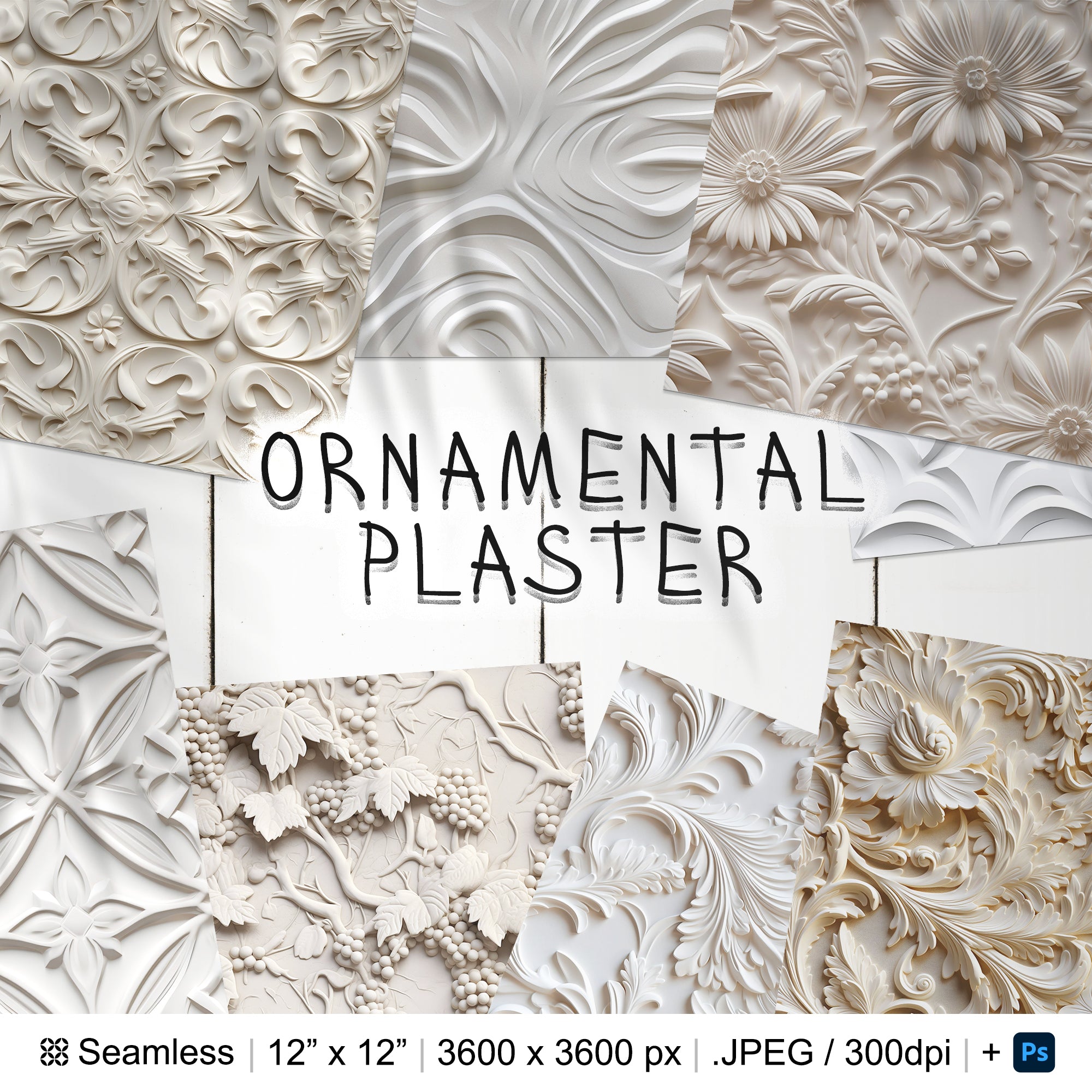114 Ornamental Plaster Seamless Pattern | Digital Seamless Pattern Gypsum | 3d Plaster Digital Paper | Photoshop Floral Plaster Patterns
