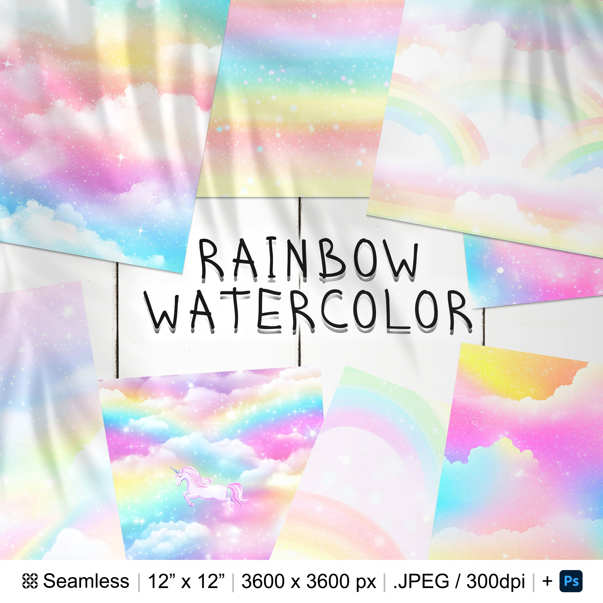 20 Rainbow Watercolor Seamless Pattern