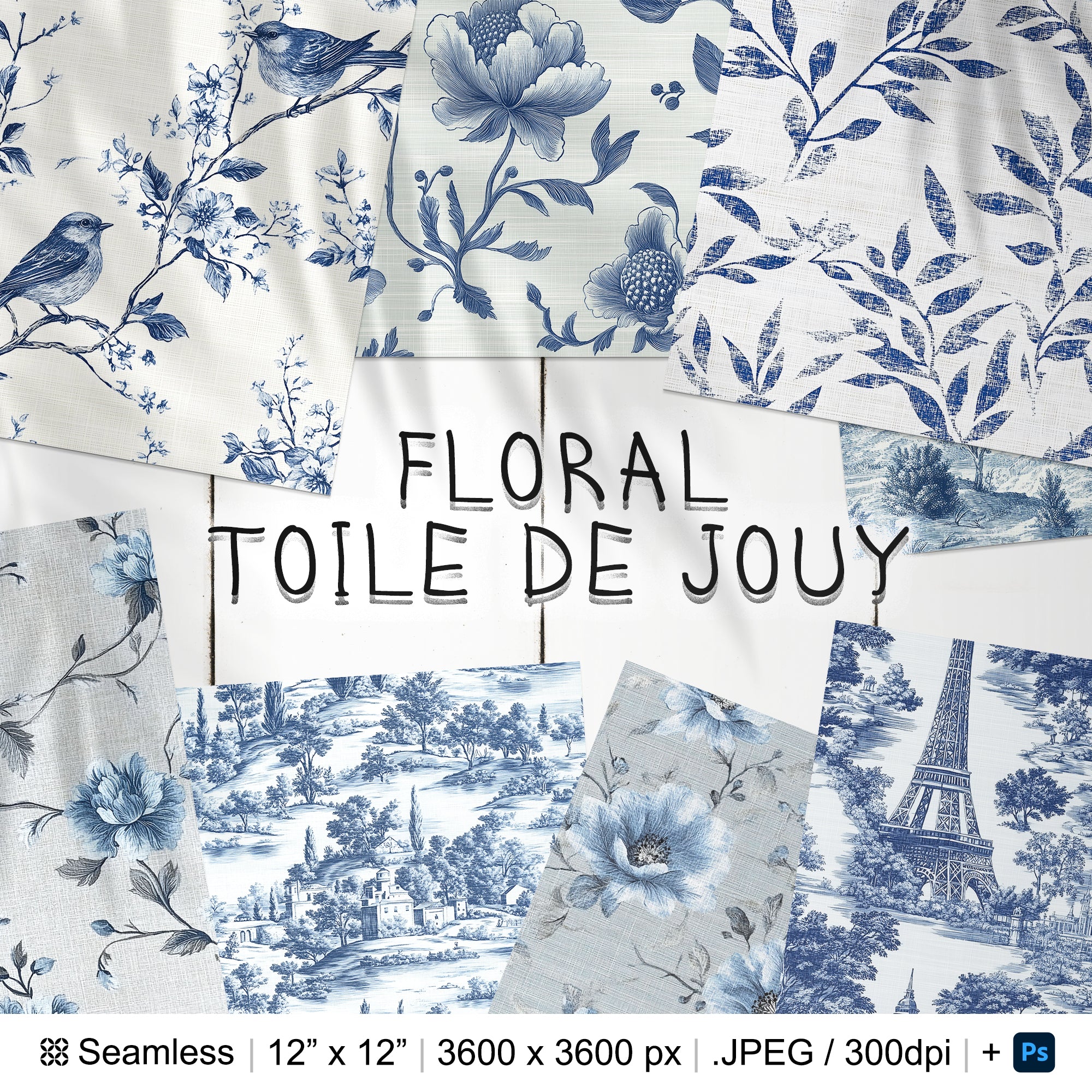 32 French Blue Floral Toile de Jouy Seamless Pattern
