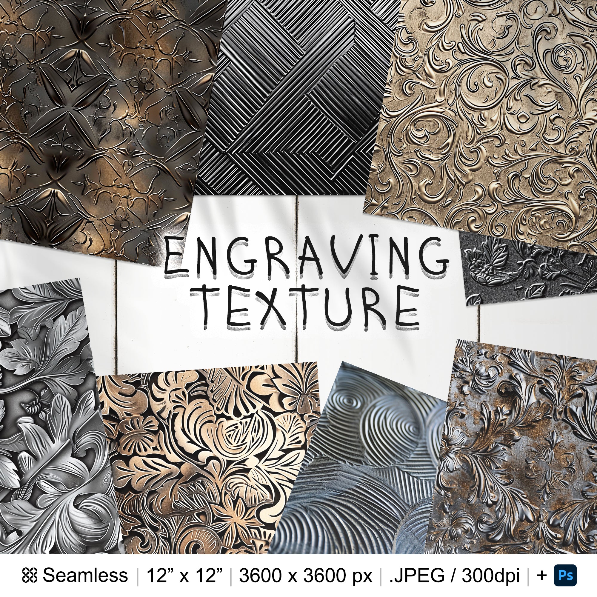 166 Engraving Seamless Pattern | Digital Seamless Pattern Metallic Engraving | 3d Digital Paper | Photoshop Metal Relief Engraving Patterns