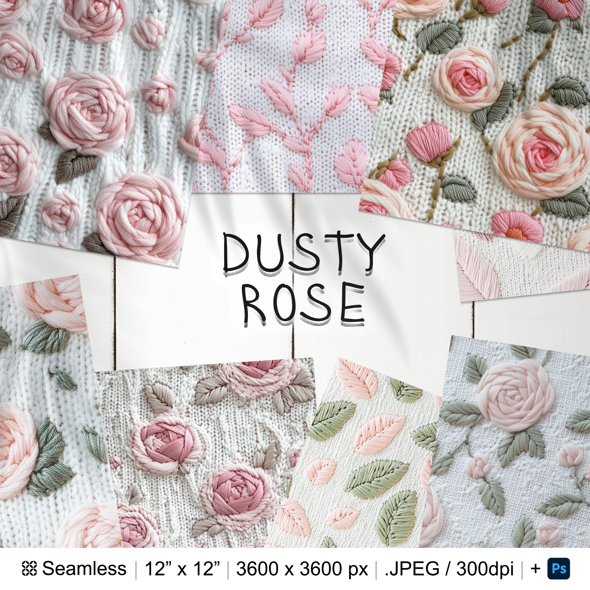 20 Dusty Rose Seamless Pattern | Roses Embroidery Digital Seamless Pattern | Dusty Rose Digital Paper | Photoshop Dusty Rose Knitted Pattern
