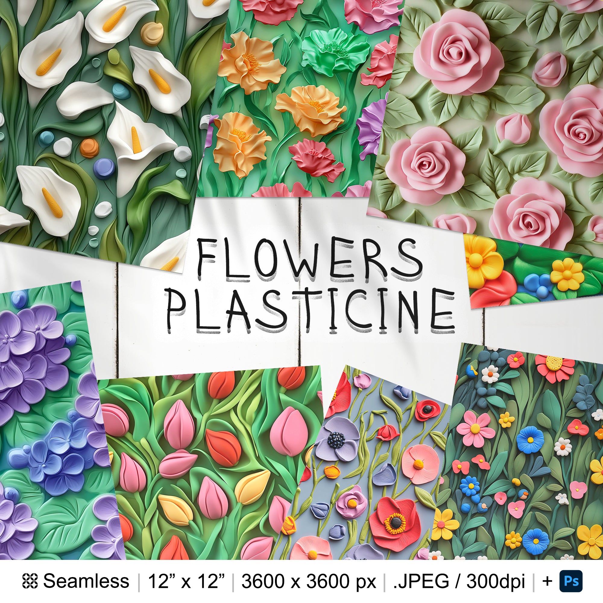 30 Plasticine Flowers Seamless Pattern