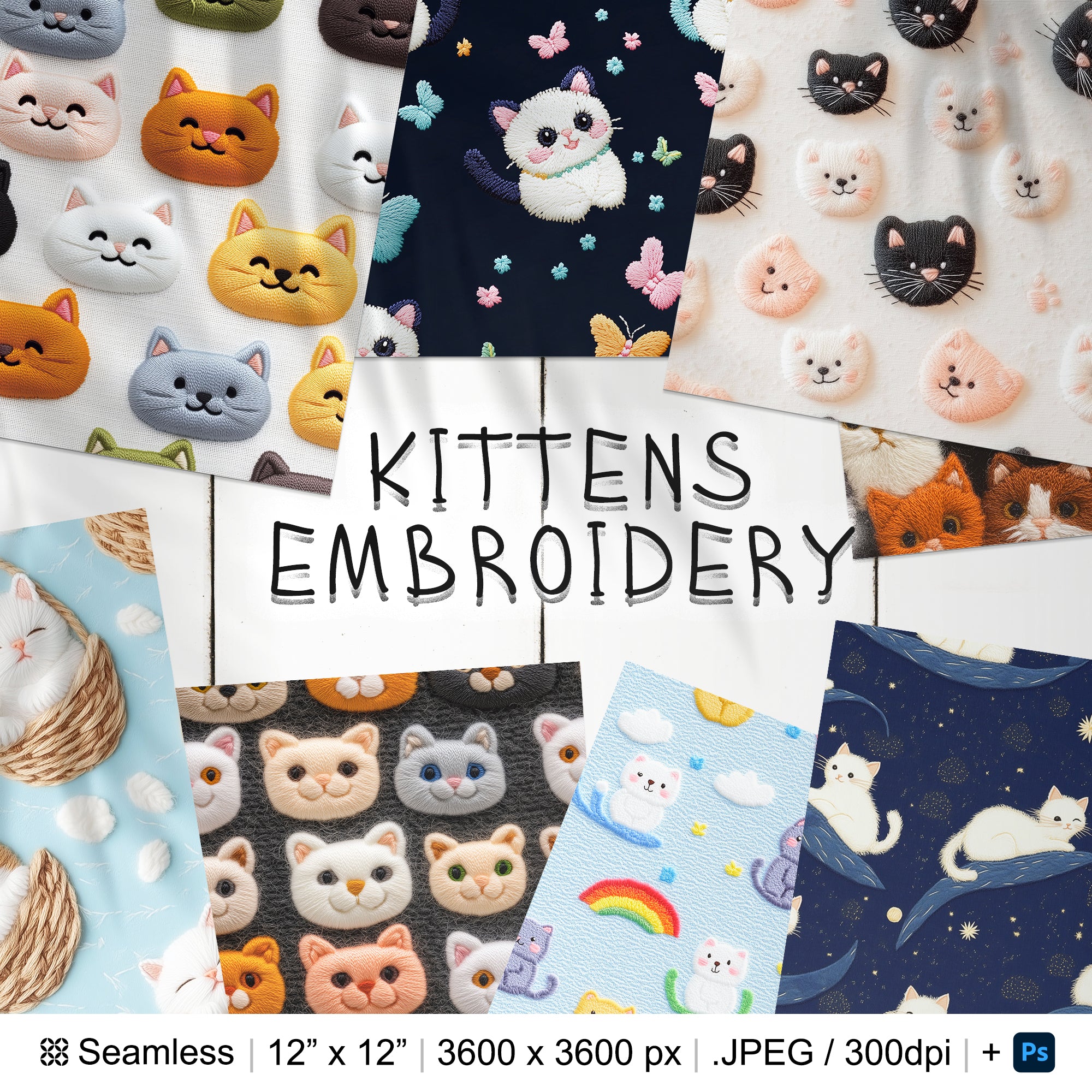 25 Kittens Embroidery Seamless Pattern