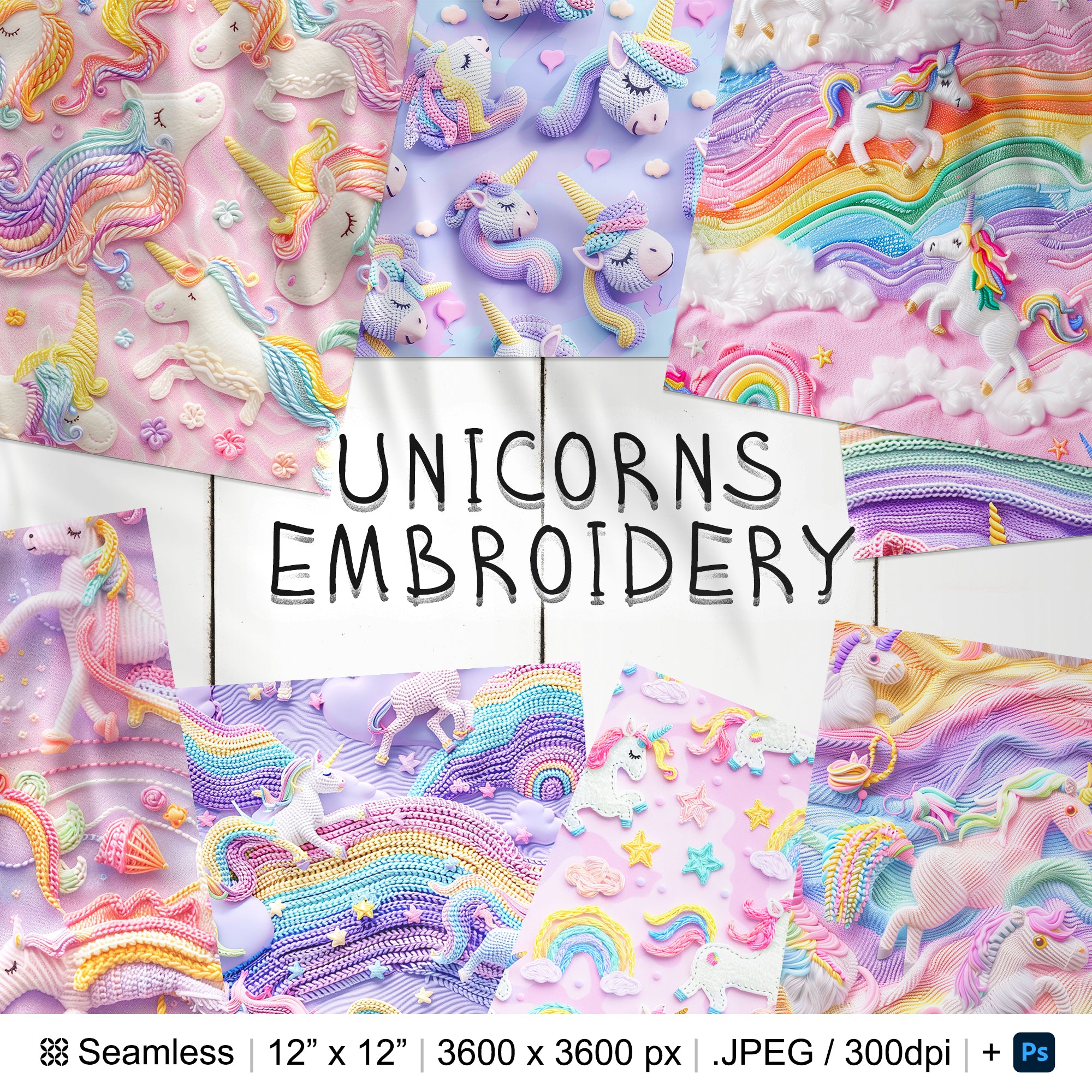10 Embroidered Unicorns Seamless Pattern