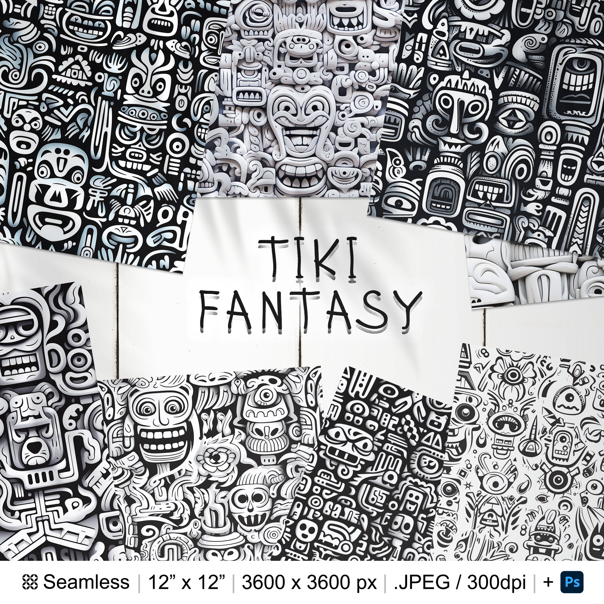 72 Tiki Seamless Pattern Background | Little Tiki Creatures Digital Seamless Pattern | 3d Tiki Digital Paper | Photoshop Tiki Tattoo Pattern