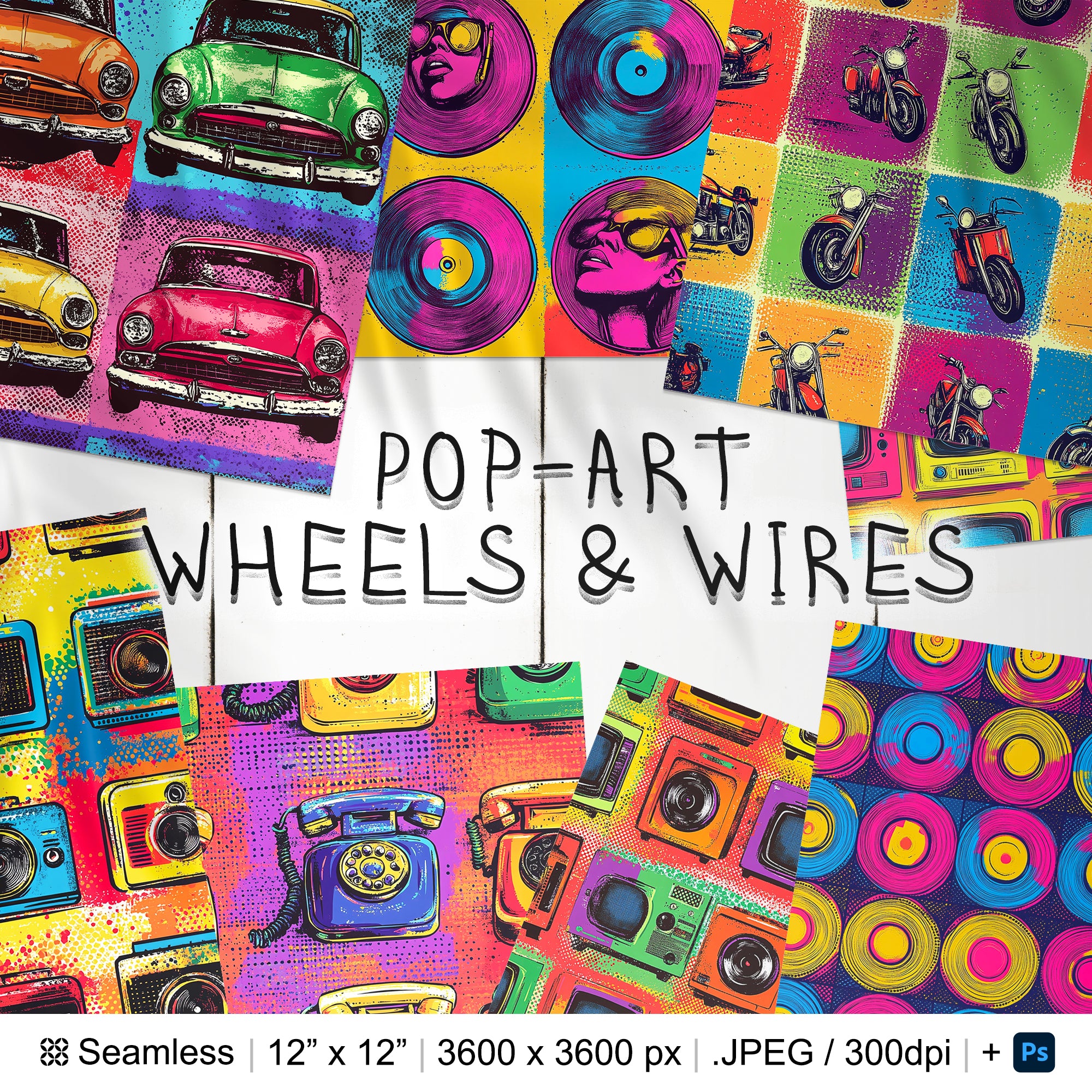 27 Pop-Art Wheels & Wires Seamless Pattern
