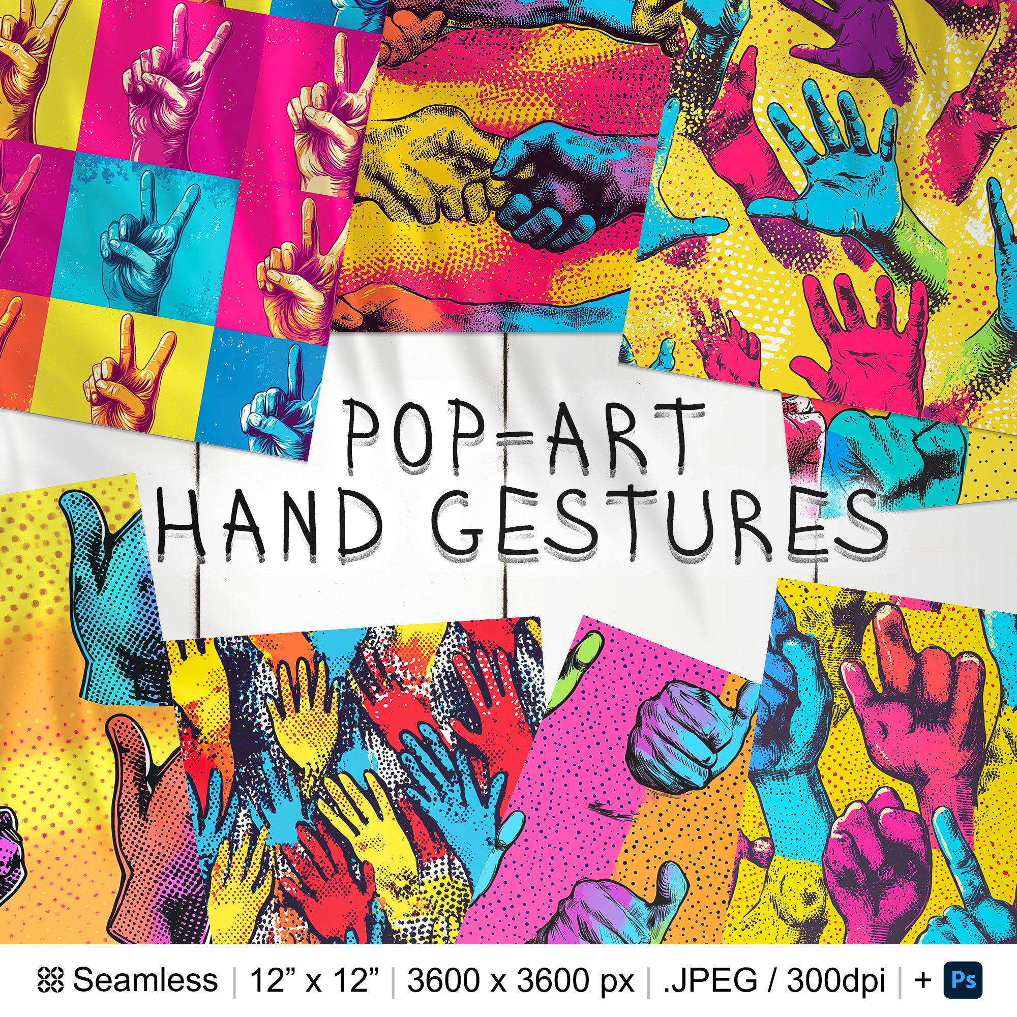 20 Pop-Art Hand Gestures Seamless Pattern
