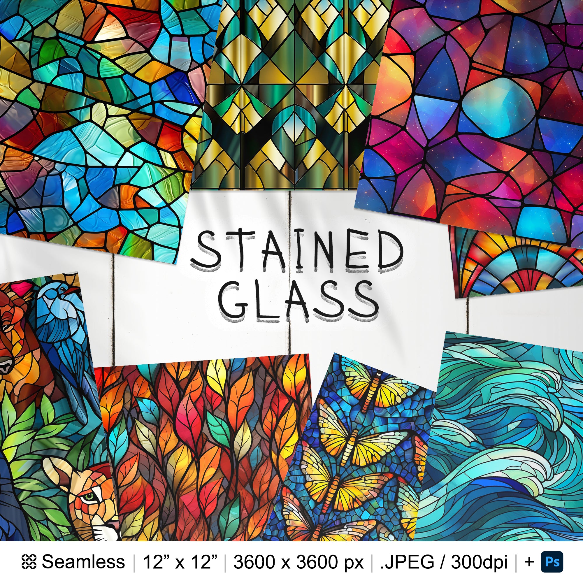 152 Stained Glass Seamless Pattern | Digital Seamless Pattern Geometric Stained Glass | 3d Glass Digital Paper | Photoshop Colored Glass