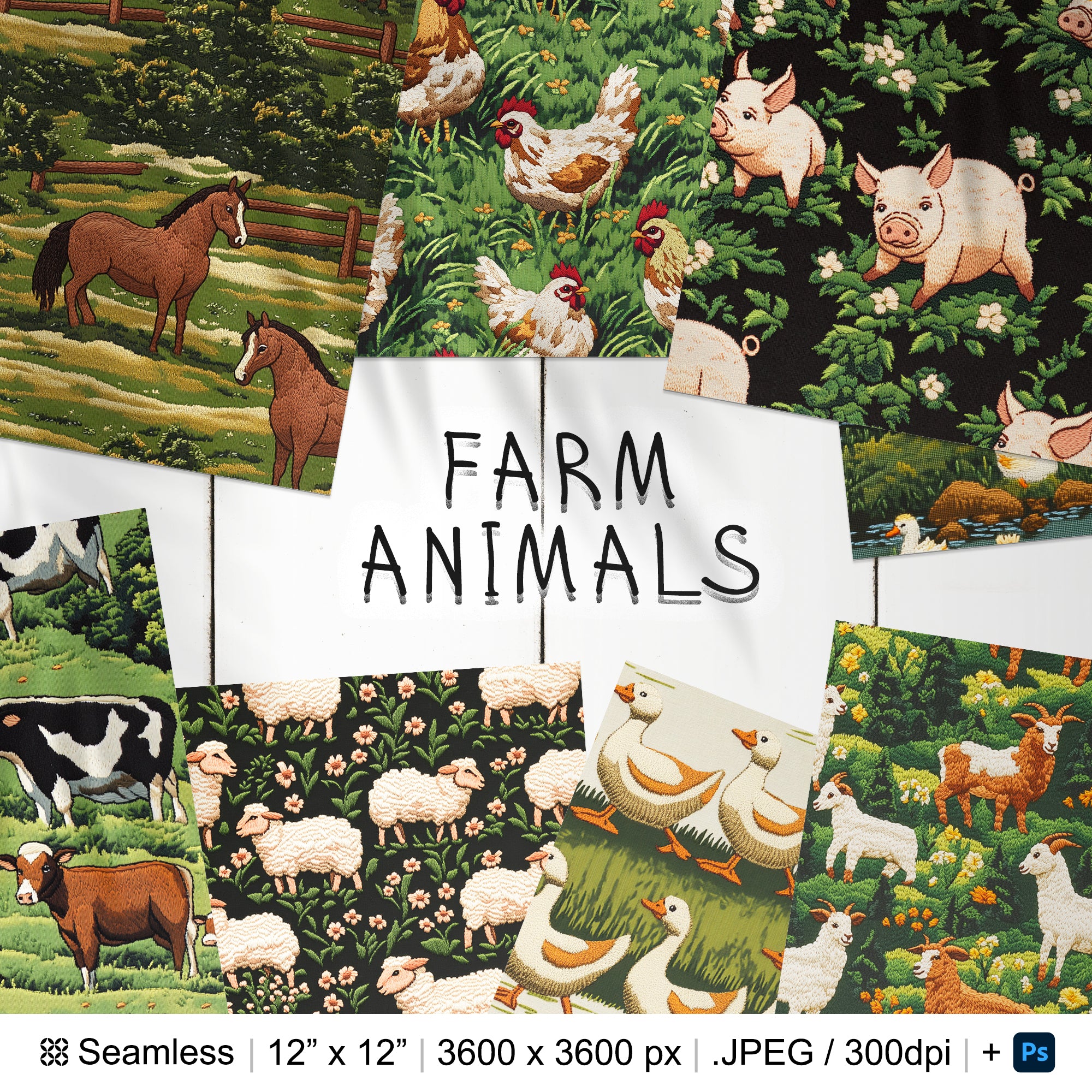 20 Farm Animals Embroidery Seamless Pattern