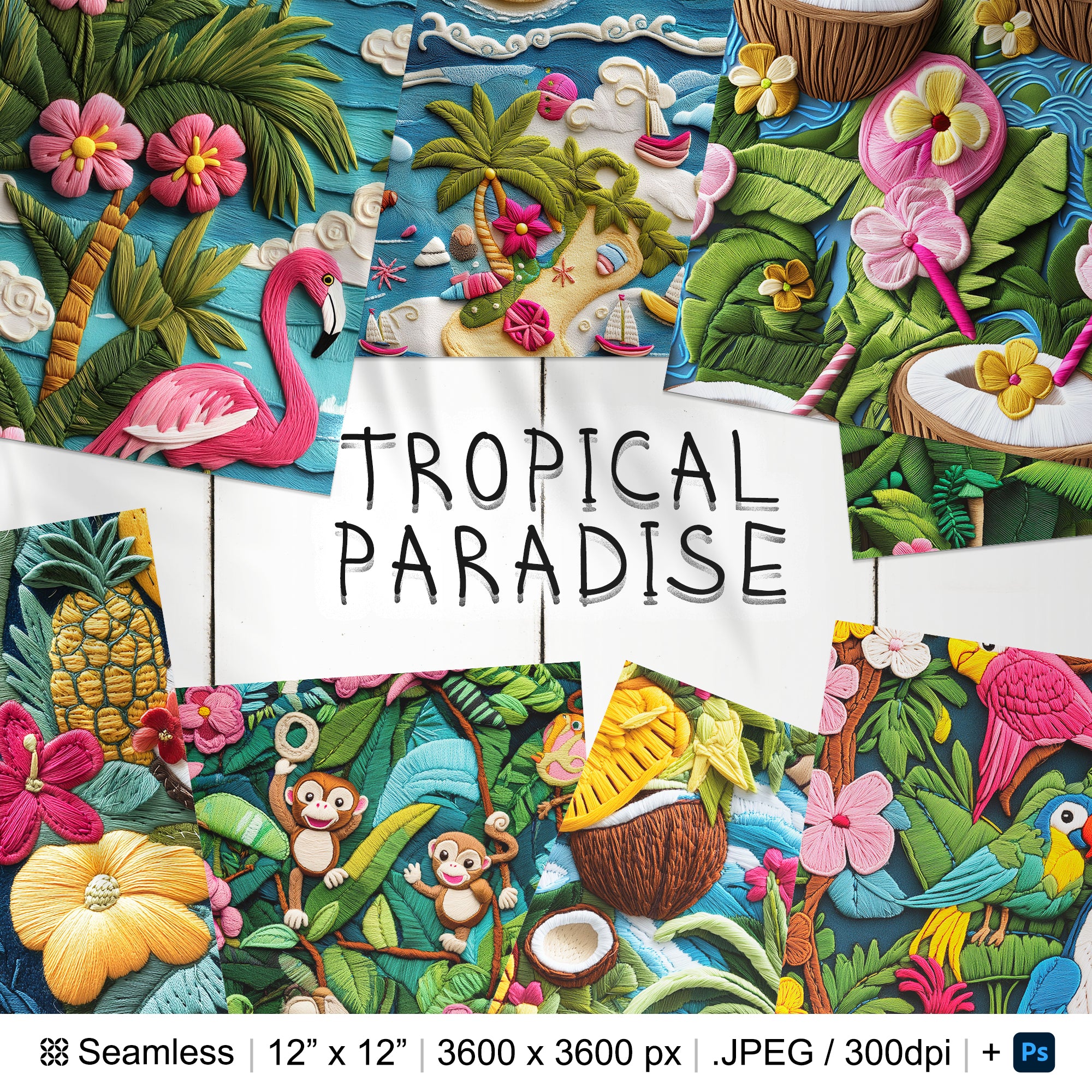 20 Tropical Paradise Embroidery Seamless Pattern