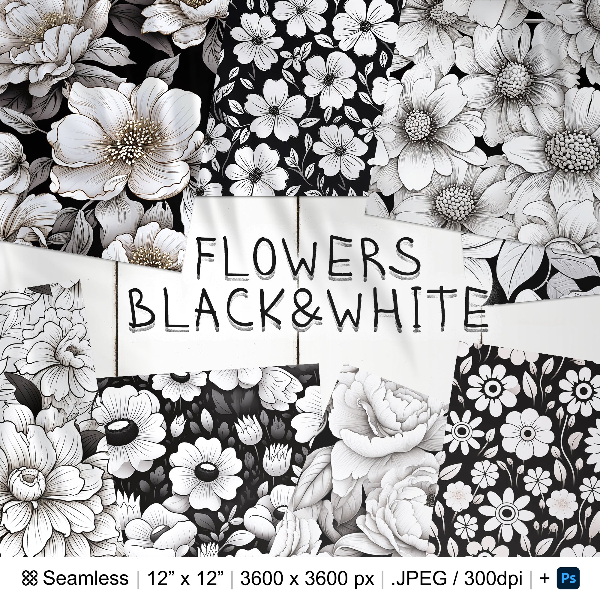 88 Black and White Flowers Seamless Pattern