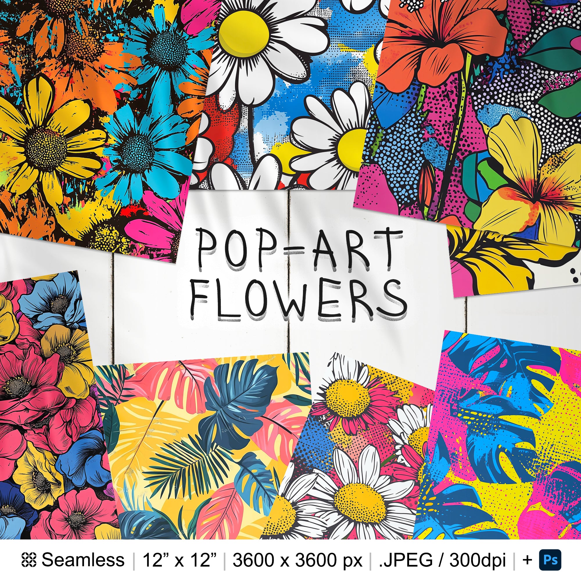 20 Pop-Art Flowers Seamless Pattern