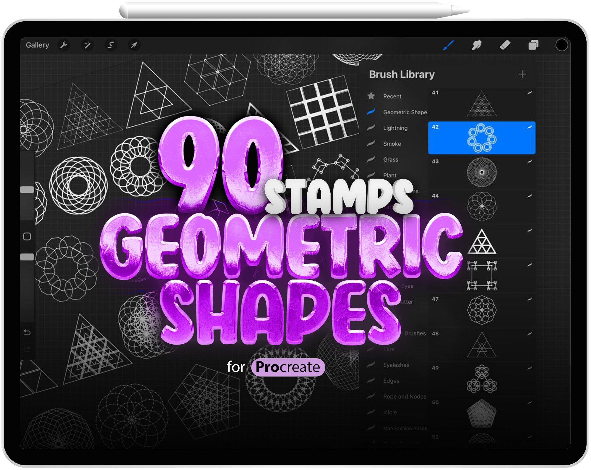 90 Procreate Geometric Shape Part - 3 Stamp Brushes, 30 Photoshop Geometric Stamp Brushes, Procreate Mandala Stamp Brushes, Drawing Template