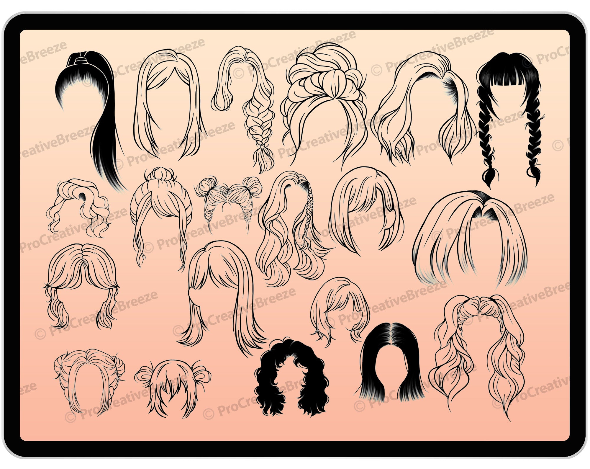 20 Procreate Women's Hairstyles Stamp Brushes