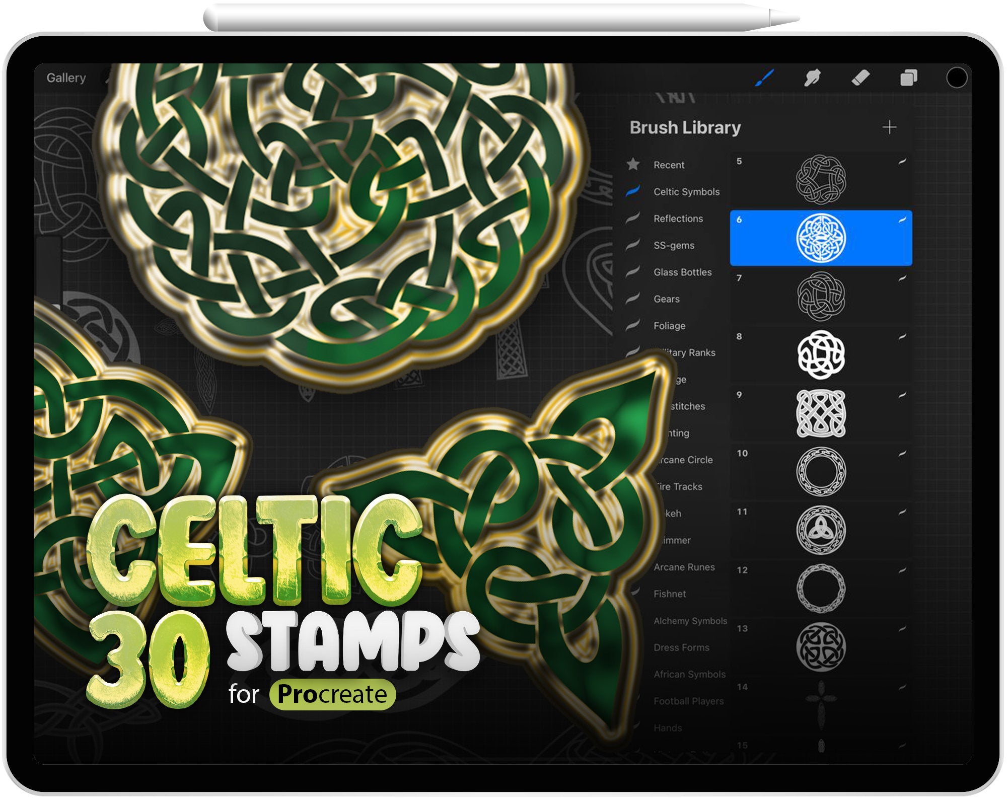 30 Procreate Celtic Knotwork Stamp Brushes, Shapes, Circles, Squares, Cross, Borders, Lines