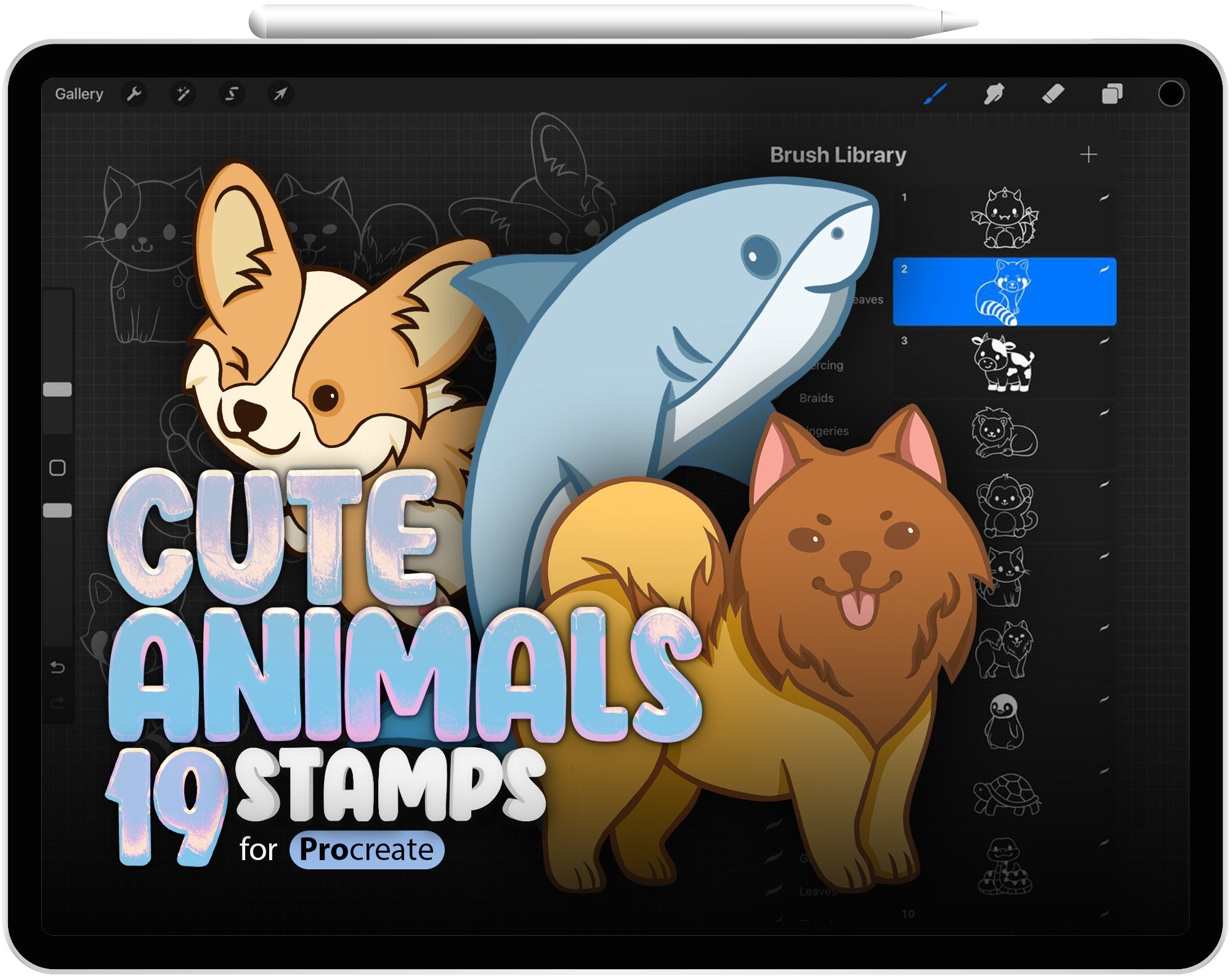 19 Procreate Cute Animals Stamp Brushes, Kawai Animals Stamp Brushes, Procreate, Snake, Raccoon, Turtle, Shark, Sheep, Hare, Penguin, Dog