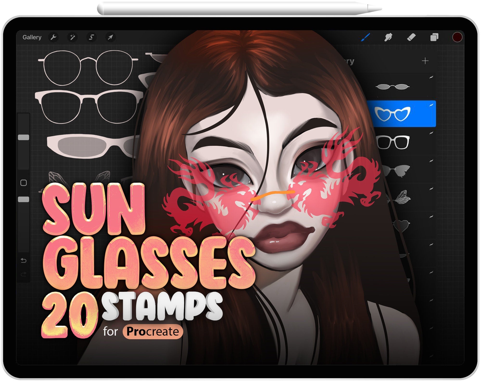 20 Procreate Eyeglasses Stamp Brushes, Procreate Sunglasses Stamp, Procreate Fashion Glasses Stamps, Procreate Dragon Eyeglasses