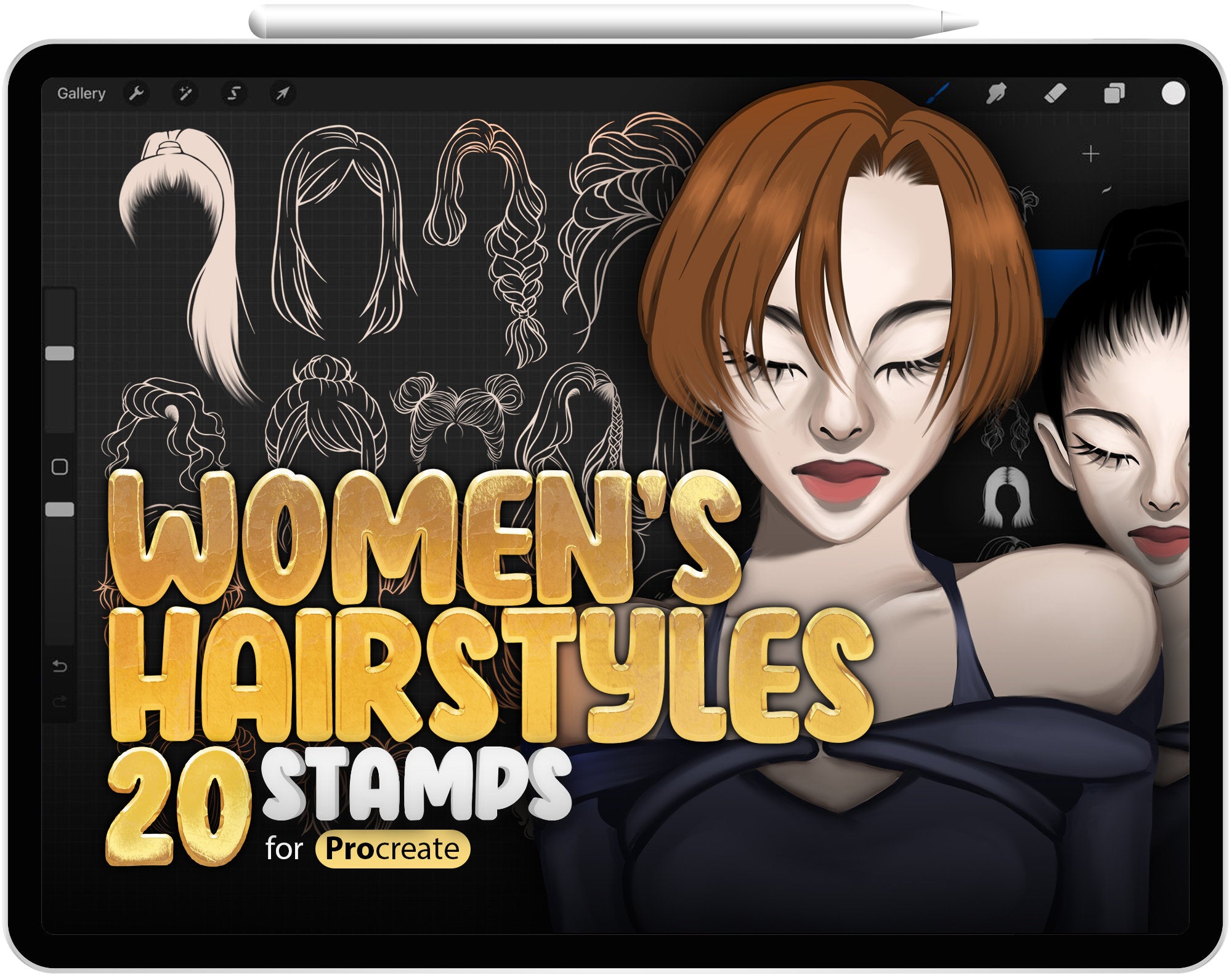 20 Procreate Women's Hairstyles Stamp Brushes