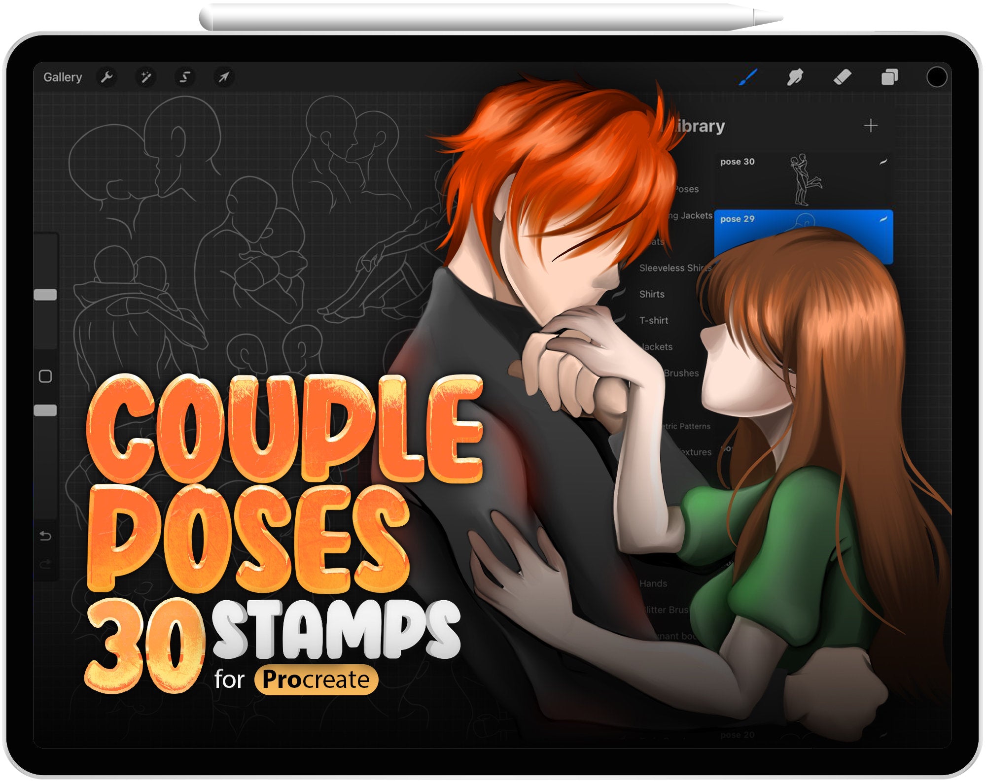 30 Procreate Couple Poses Stamp Brushes