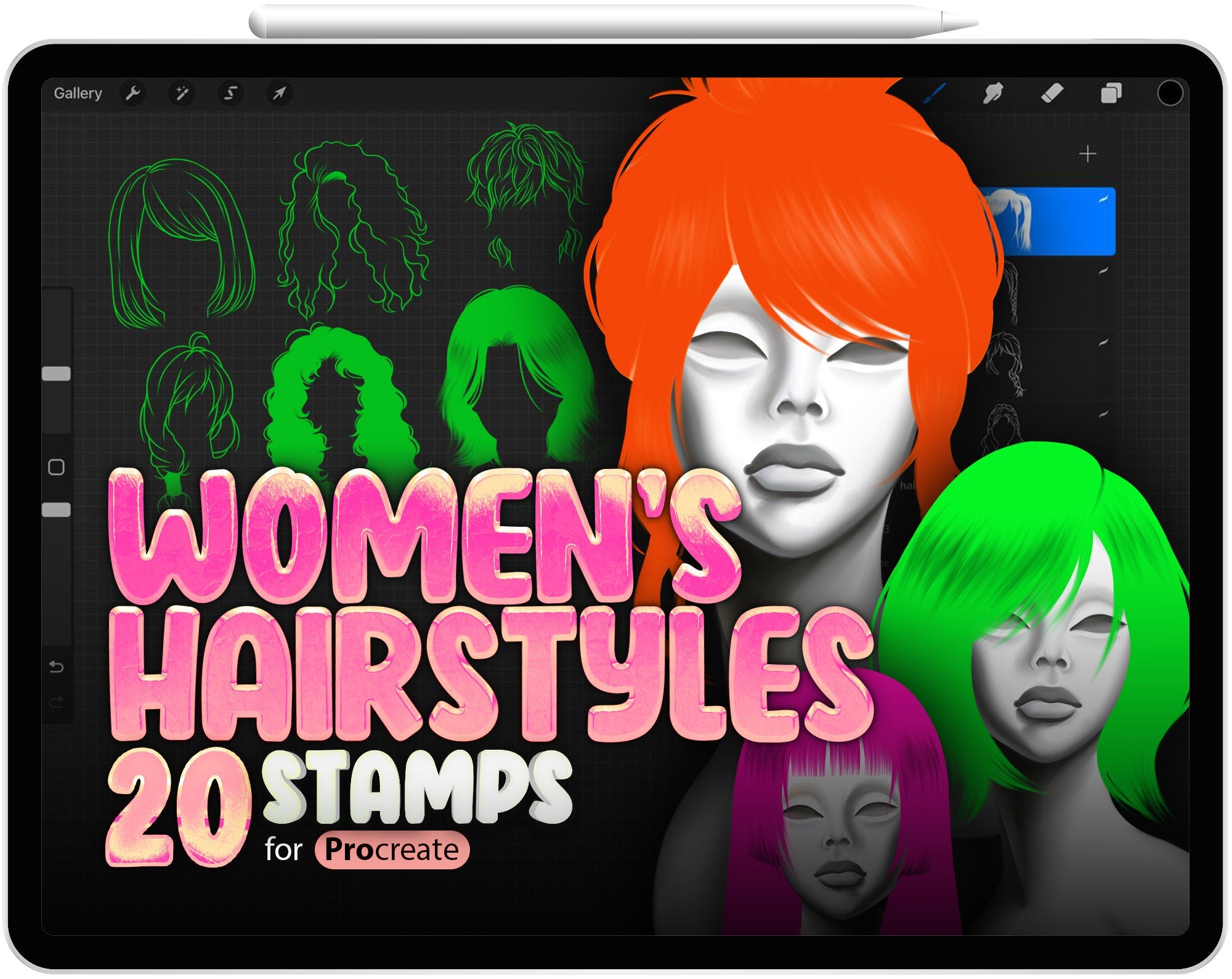 20 Procreate Woman's Hairdo Stamp Brushes, Procreate Woman's Hairstyles Stamp Brushes, Hair Stamps for Procreate