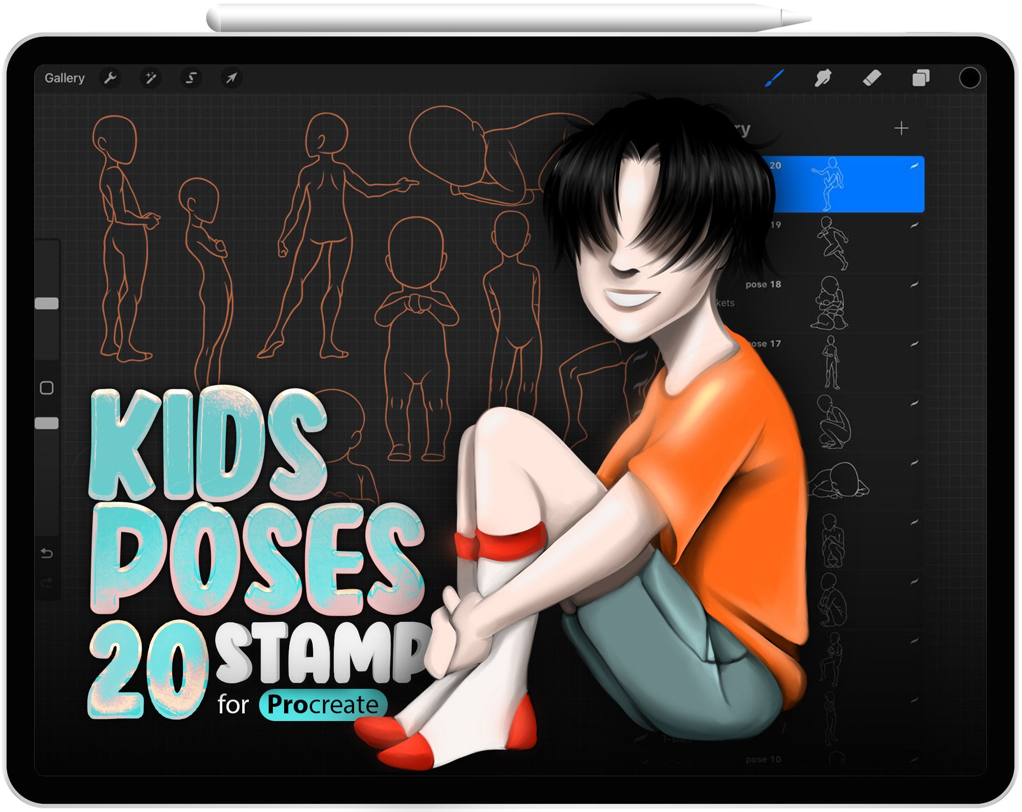 20 Procreate Kids Poses Reference Stamp Brushes
