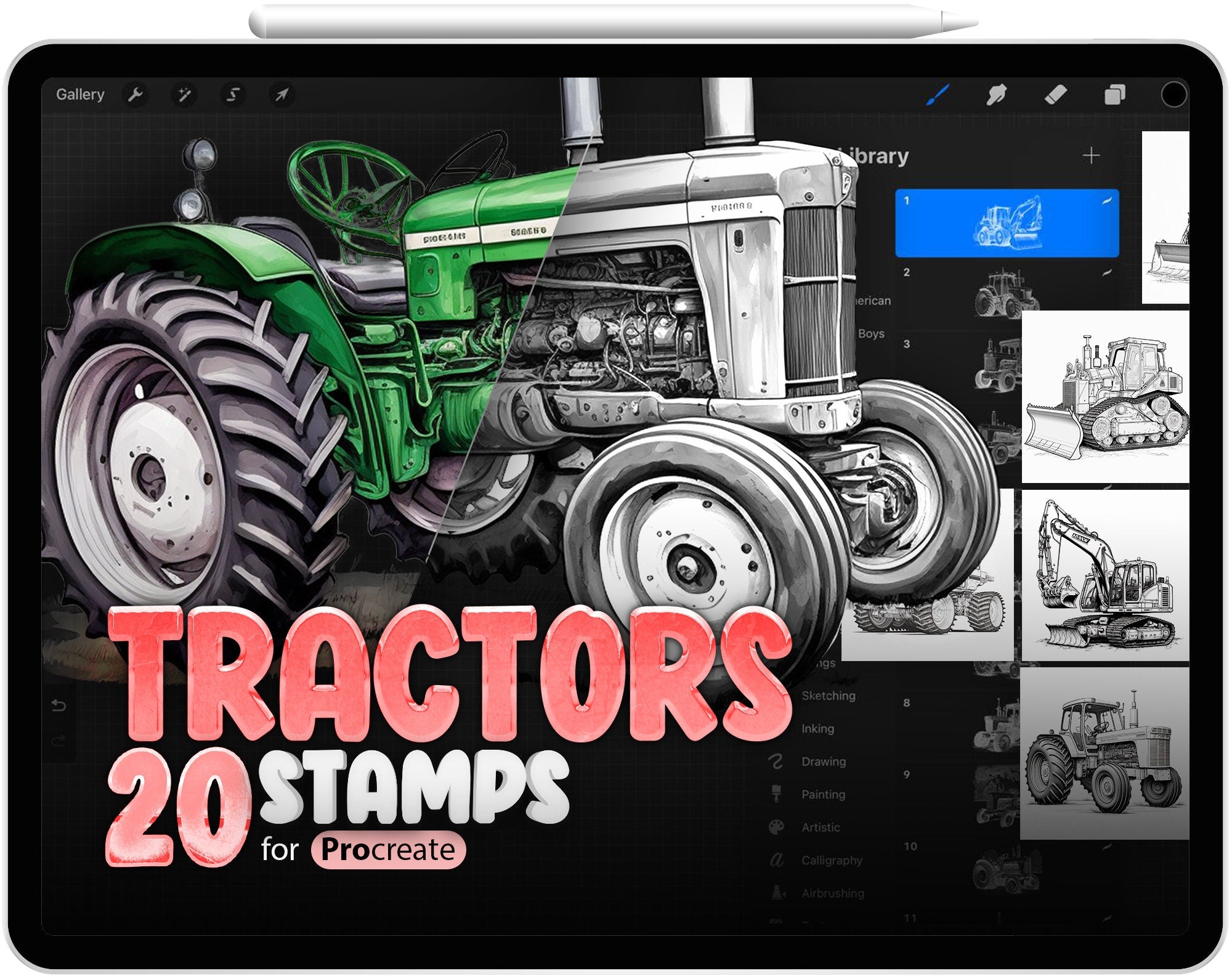 20 Procreate Tractors Stamp Brushes
