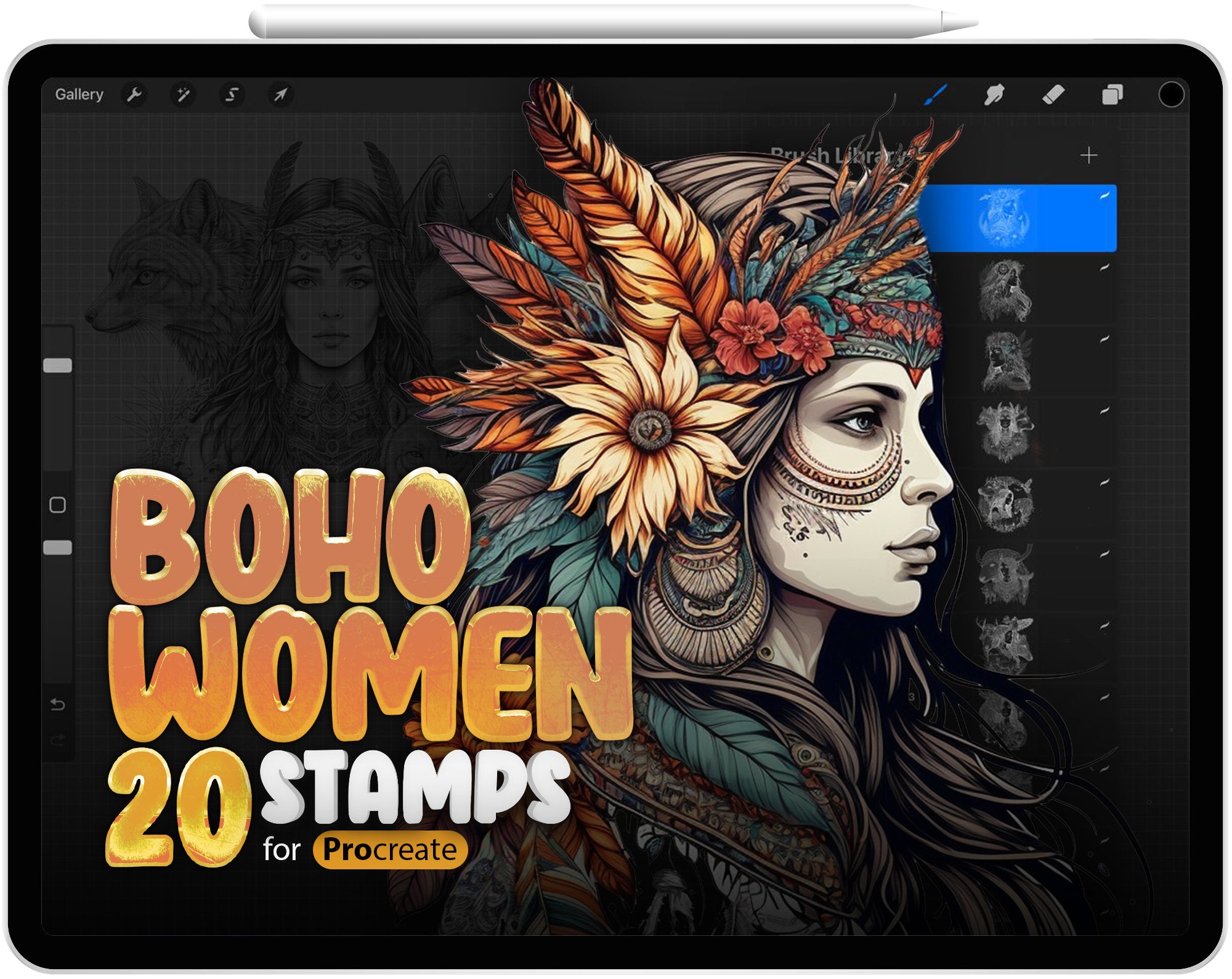 20 Procreate Native Indian American Boho Women with Animals and Flowers Coloring Pages Stamp Brushes