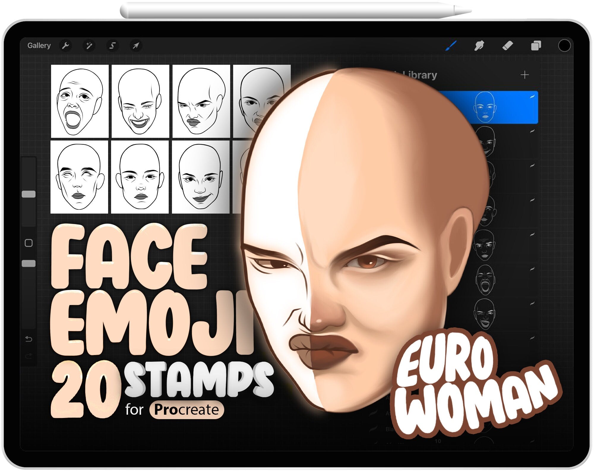 20 Procreate European Woman Face Emotion Stamp Brushes