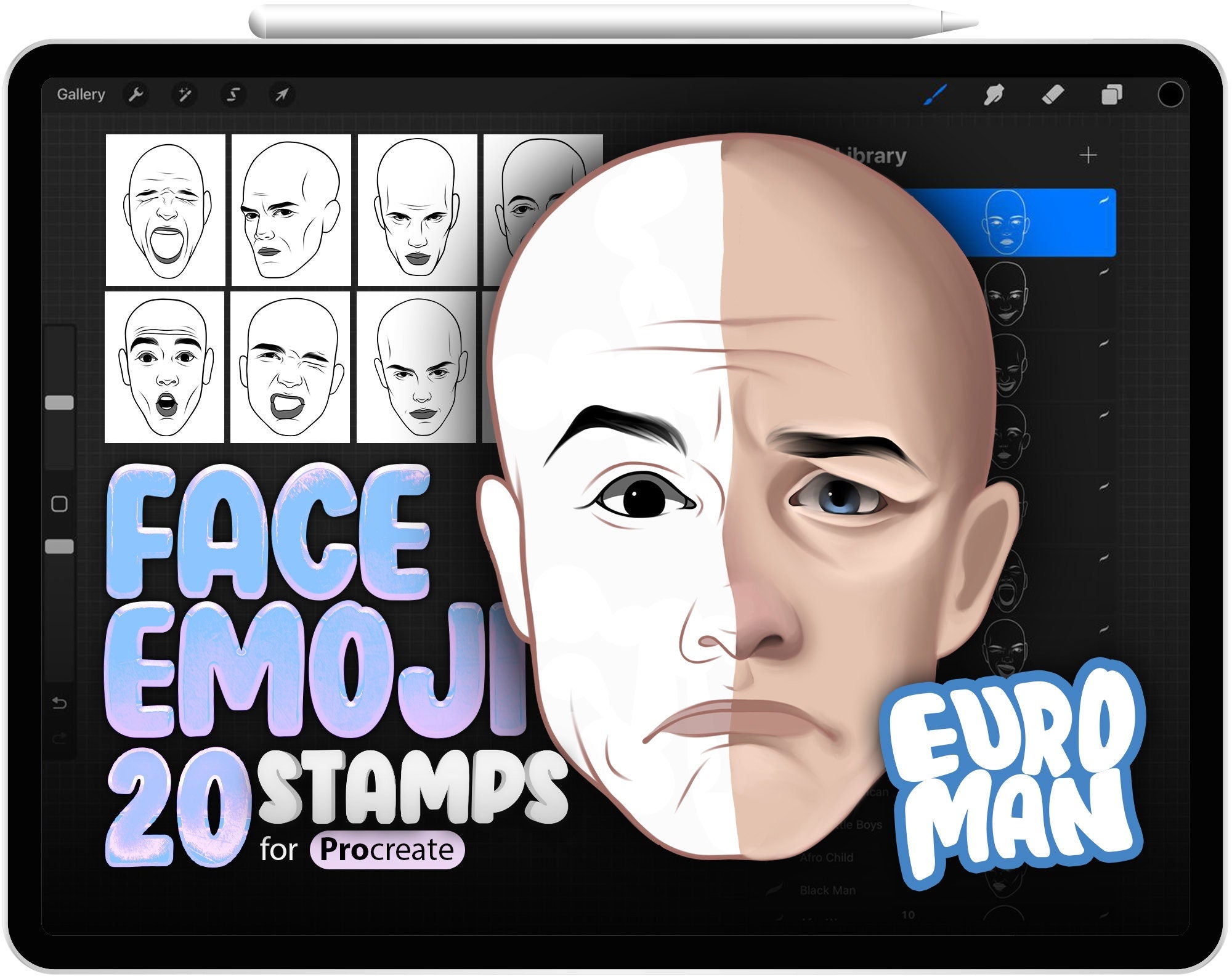 20 Procreate European Man Face Emotion Stamp Brushes