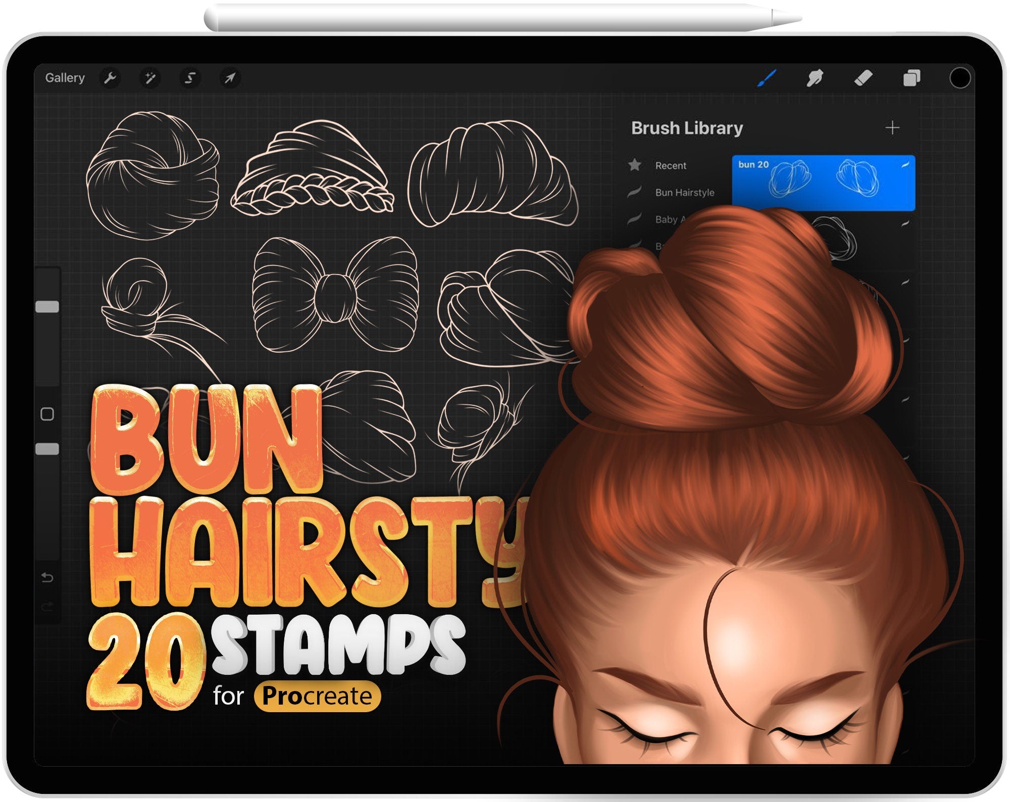 20 Procreate Bun Hairstyle Stamp Brushes