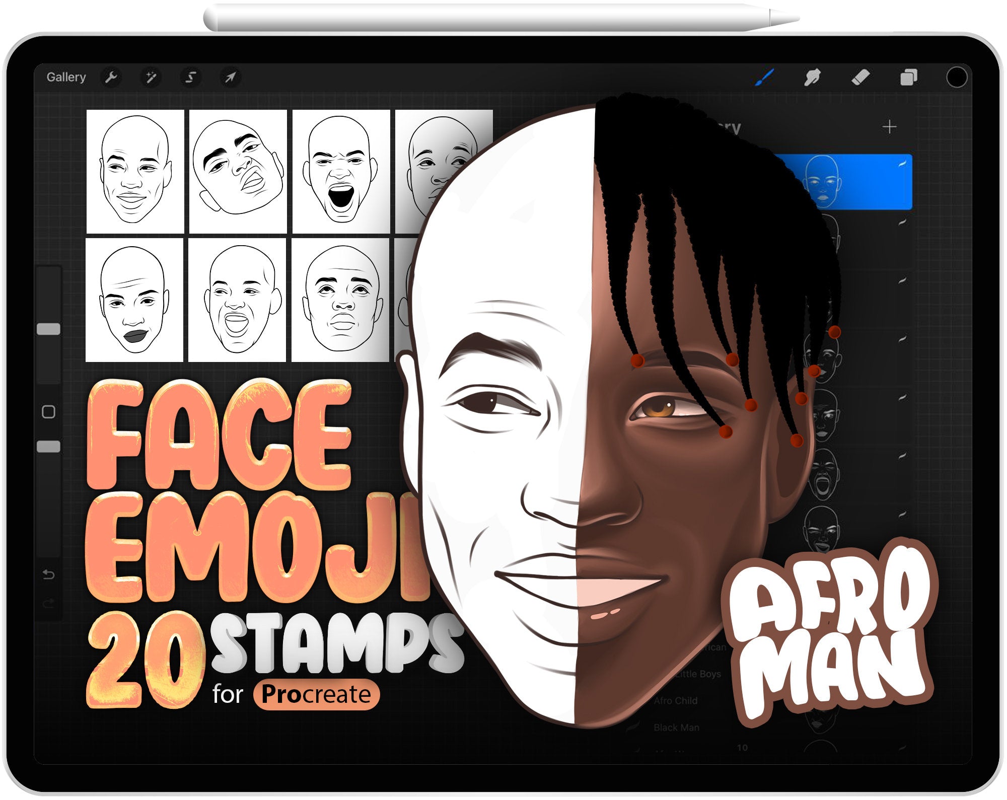 20 Procreate Black Man Face Emotion Stamp Brushes