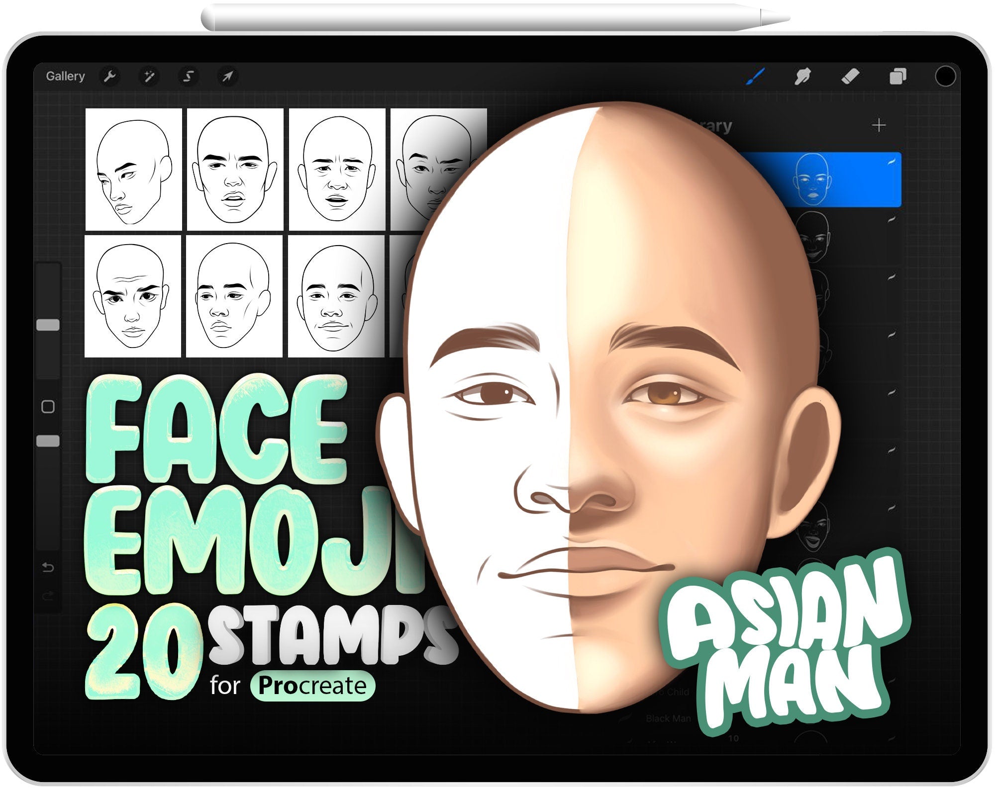 20 Procreate Asian Man Face Emotions Stamp Brushes