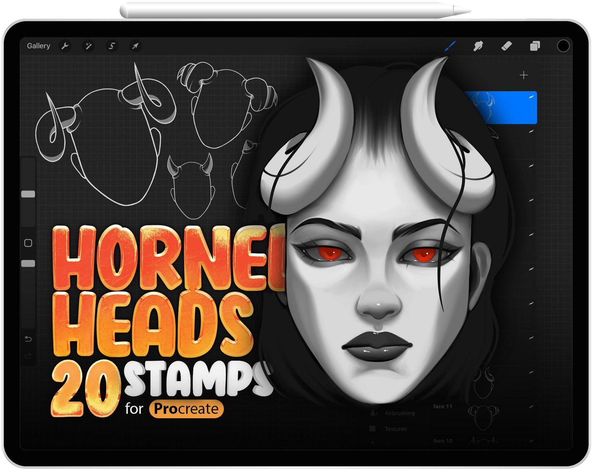 20 Procreate Horned Heads Stamp Brushes