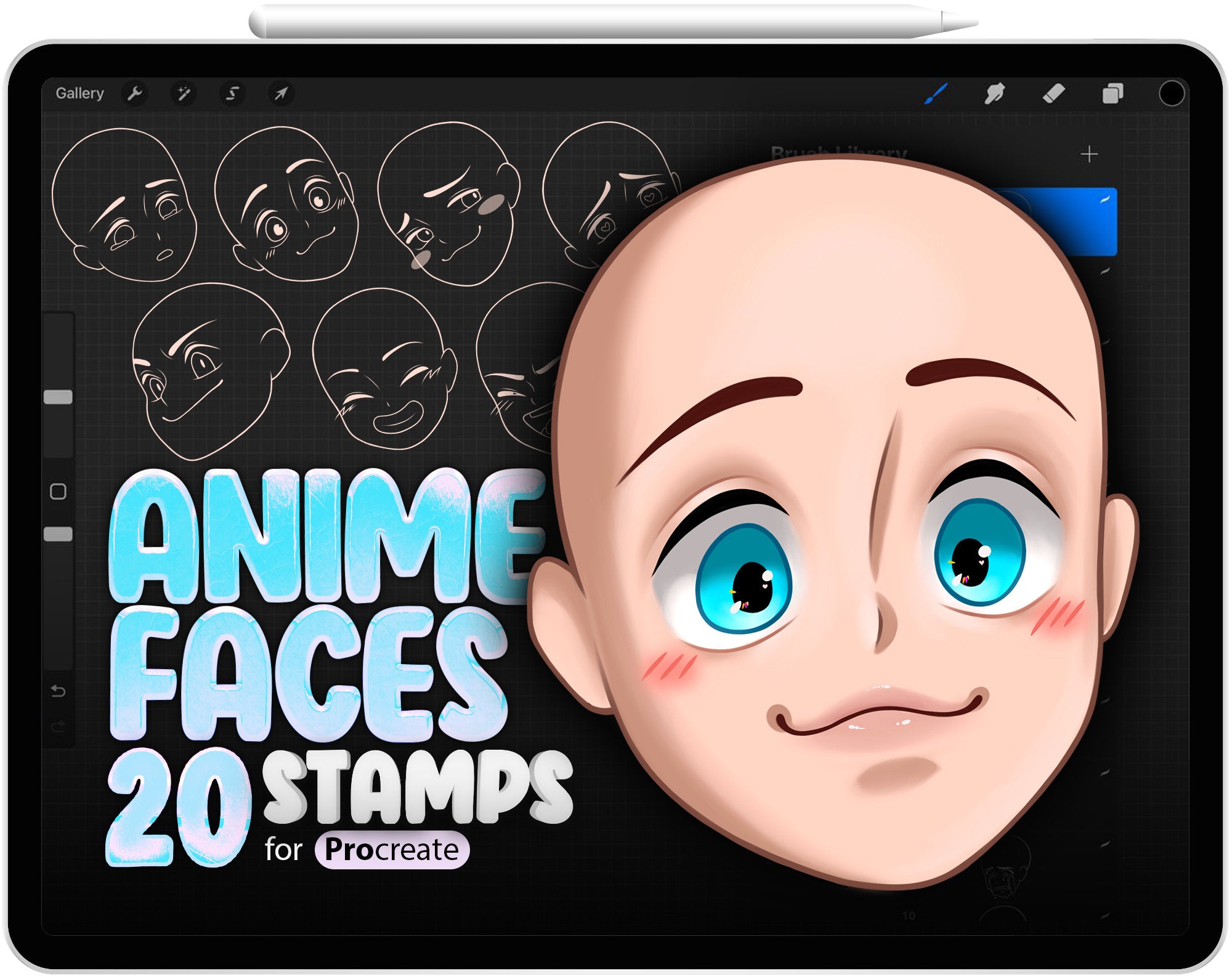 20 Procreate Anime Faces Stamp Brushes, Procreate Anime Heads Stamp Brushes, Procreate Chibi Faces Stamp Brushes, Chibi Heads, Manga Face