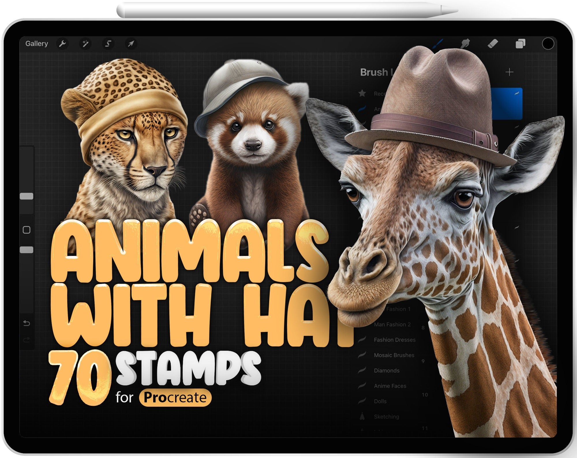 70 Procreate Animals with Hat Stamp Brushes, Procreate Dog, Procreate Cat, Procreate Elephant, Procreate Lion, Procreate Tiger
