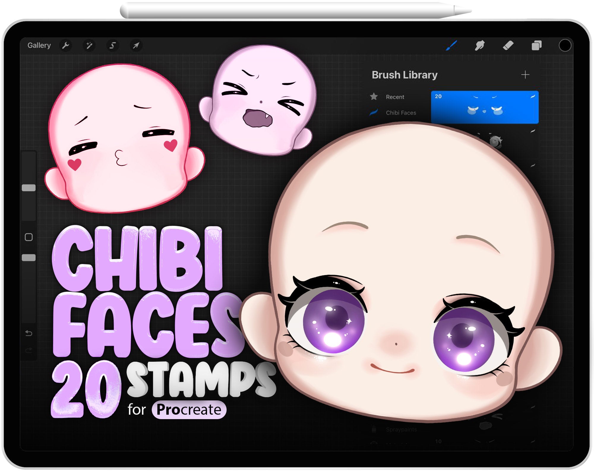 20 Procreate Chibi Faces Stamp Brushes