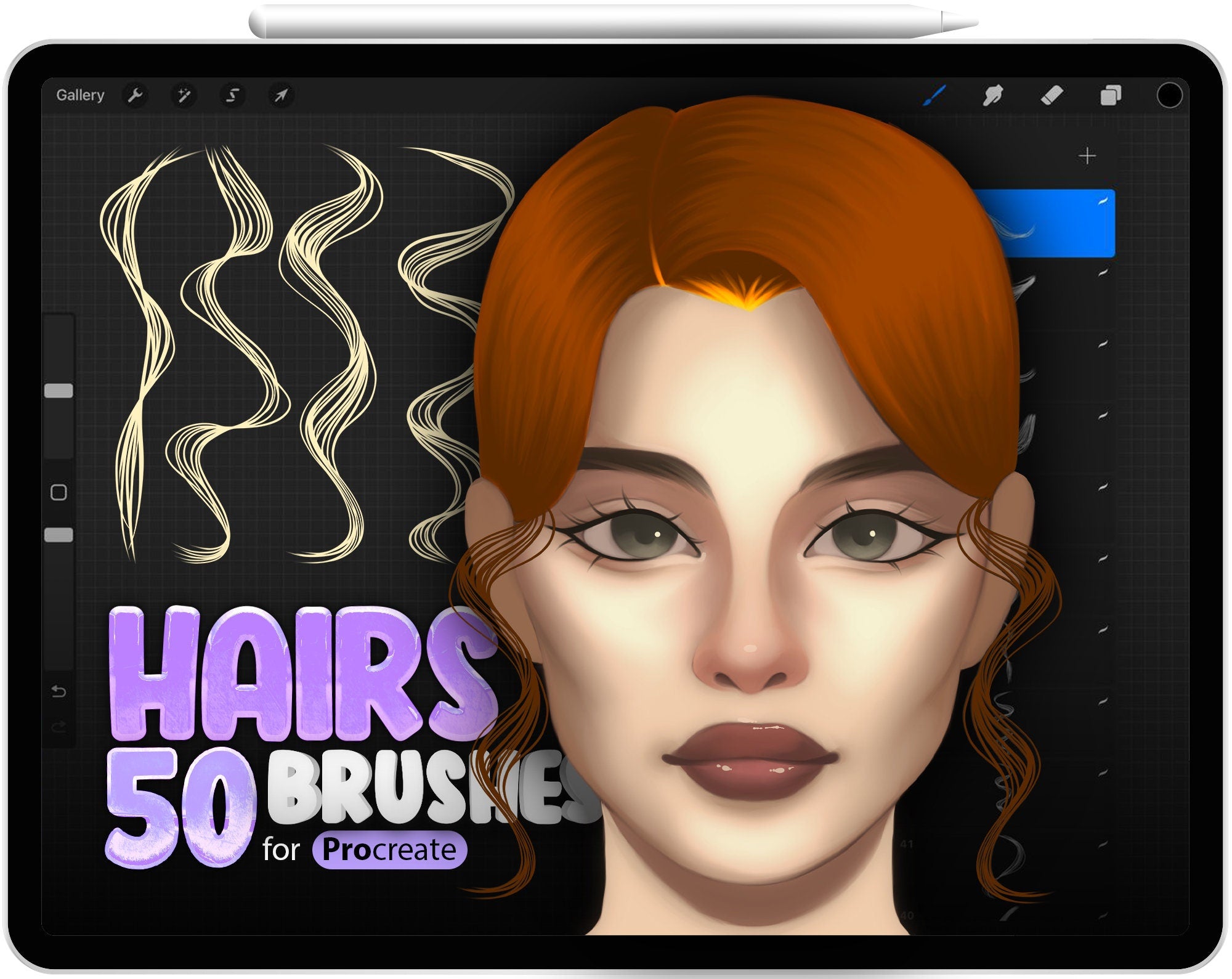 50 Procreate Hairs Brushes Stamp Brushes